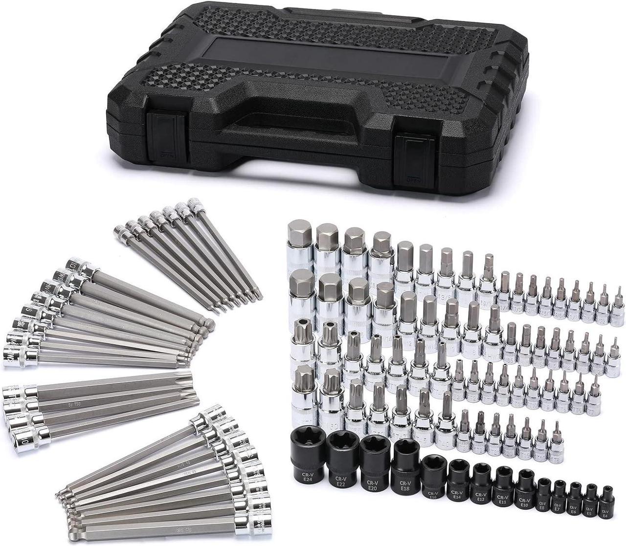 EMENTOL 107PCS Bit Socket Set, 1/4", 3/8" and 1/2" Drive, Hex/Torx/Tamper Proof Torx/E-Trox/Long Ball End Hex, CR-V, S2 Steel, SAE/Metric