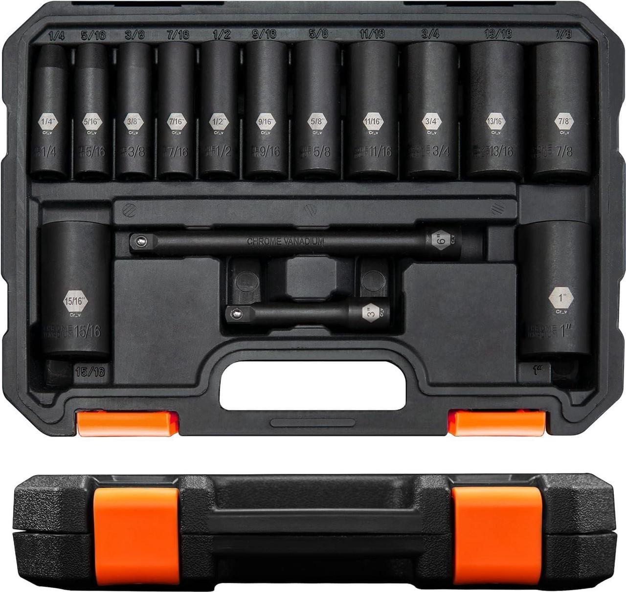 PGROUP 3/8 Inch Drive Deep Impact Socket Set, 15-Piece 6 Point Standard SAE Sizes(1/4-Inch to 1"),Includes 3", 6"Impact Extension Bars,Cr-V Steel Socket Set with Heavy Duty Storage Case