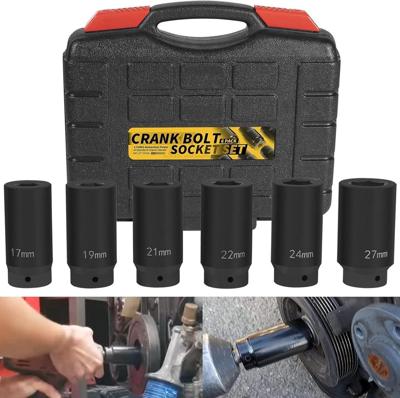 1/2" Drive Crank Bolt Socket Set, 17MM, 19MM, 21MM, 22MM, 24MM 27MM, Harmonic Balancer Socket Set, Crank Bolt Removal Tool, 3 Times Momentum Power of Standard Impact Socket Set, Deep Impact Socket Set