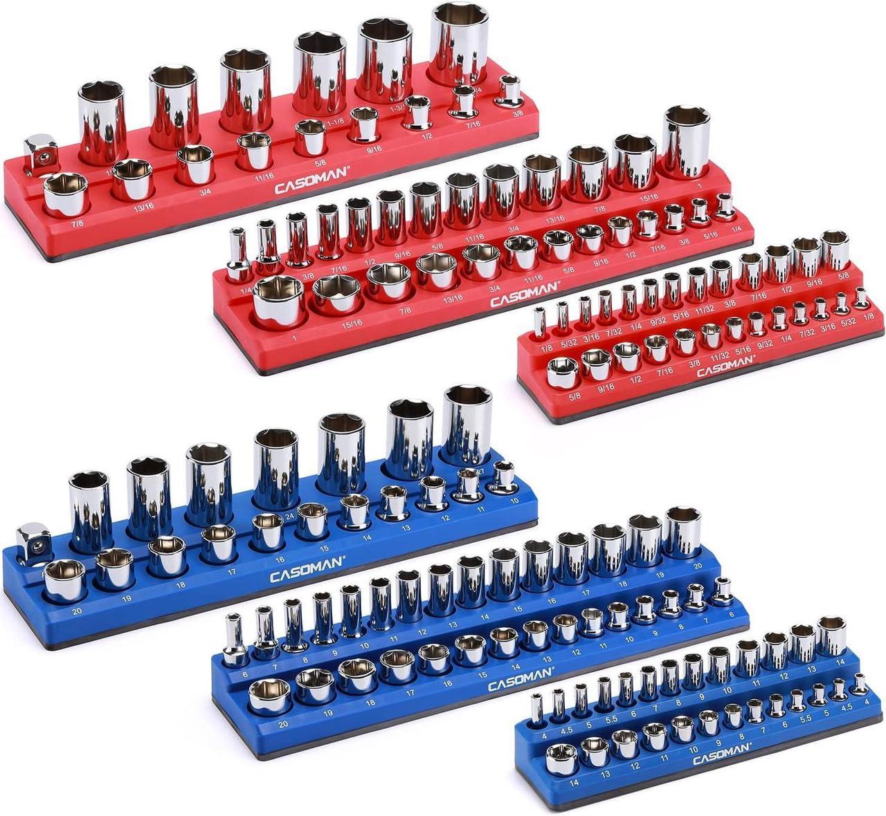 CASOMAN Magnetic Socket Organizer, 6 Piece Socket Holder Kit, 1/2-inch, 3/8-inch, 1/4-inch Drive, Holds 143 SAE&Metric Sockets, Red & Blue, Professional Quality Tools Organizer, Socket Not Included