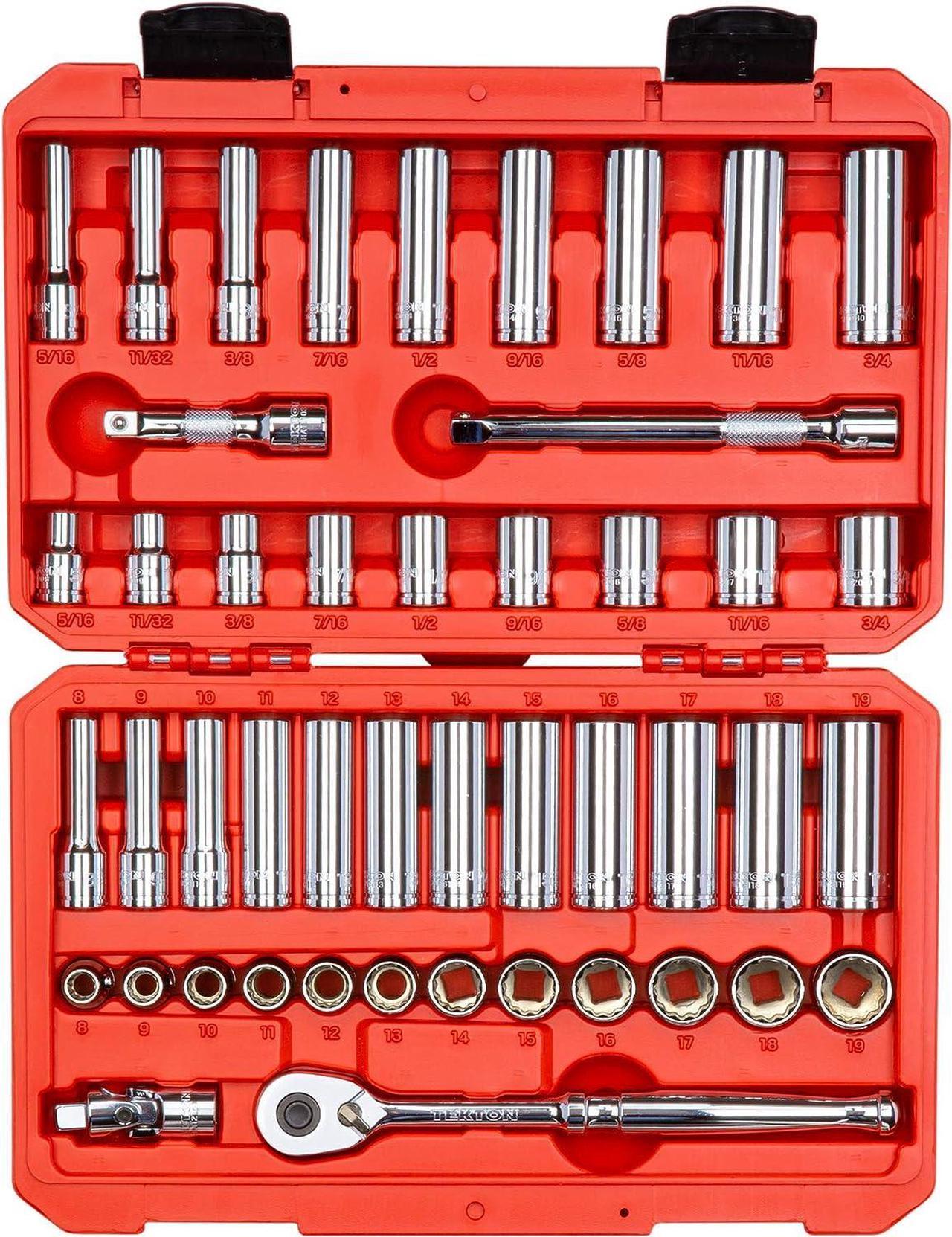 TEKTON 3/8 Inch Drive 12-Point Socket and Ratchet Set, 46-Piece (5/16-3/4 in., 8-19 mm) | SKT15302