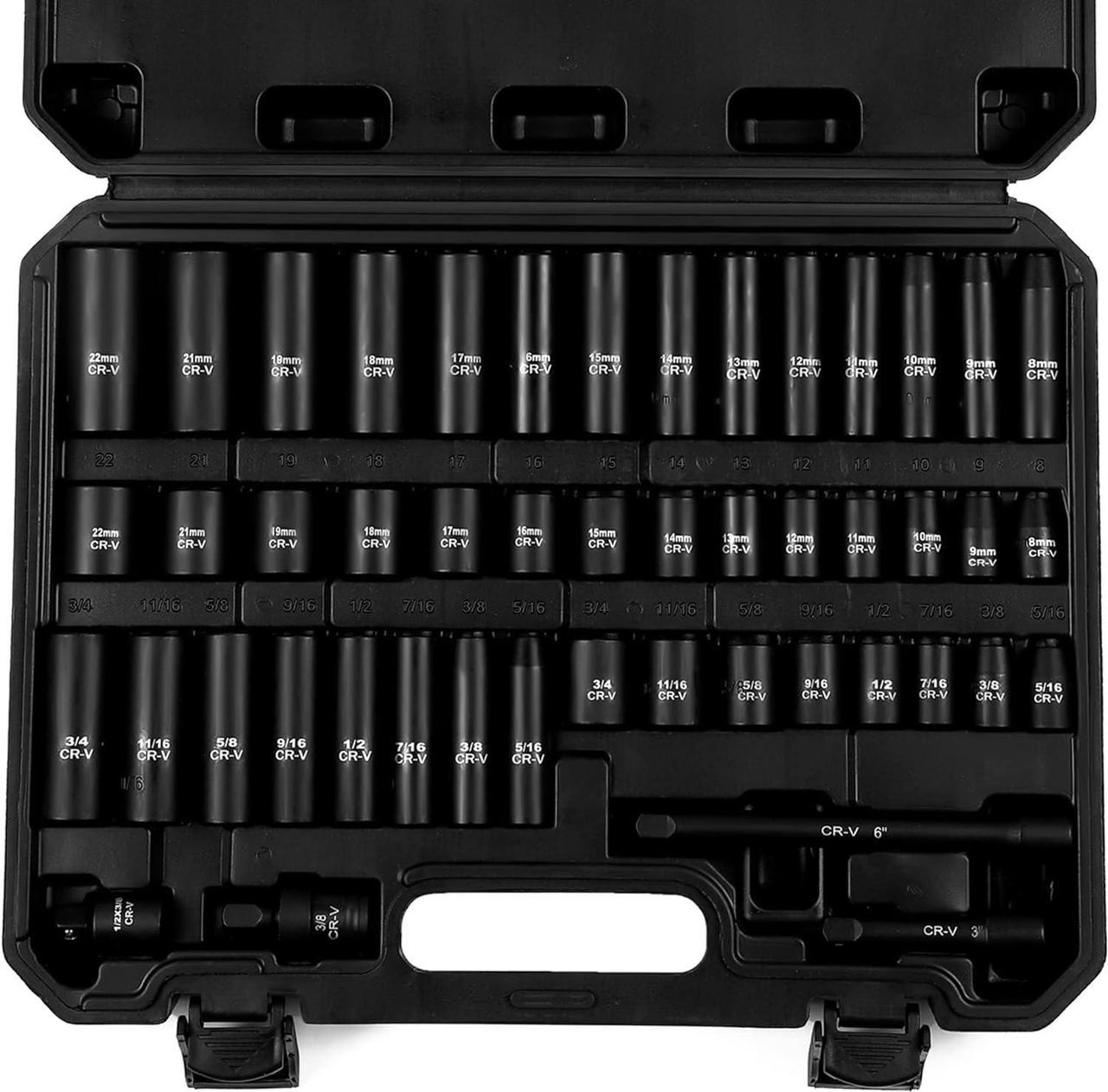 Reniteco 48-Piece 3/8" Drive Socket Set, SAE (5/16"-3/4") & Metric (8mm-22mm), Deep & Shallow Sockets, Extension Bars, 1/2" F to 3/8" M Reducer, Universal Joint, 6 Point Design