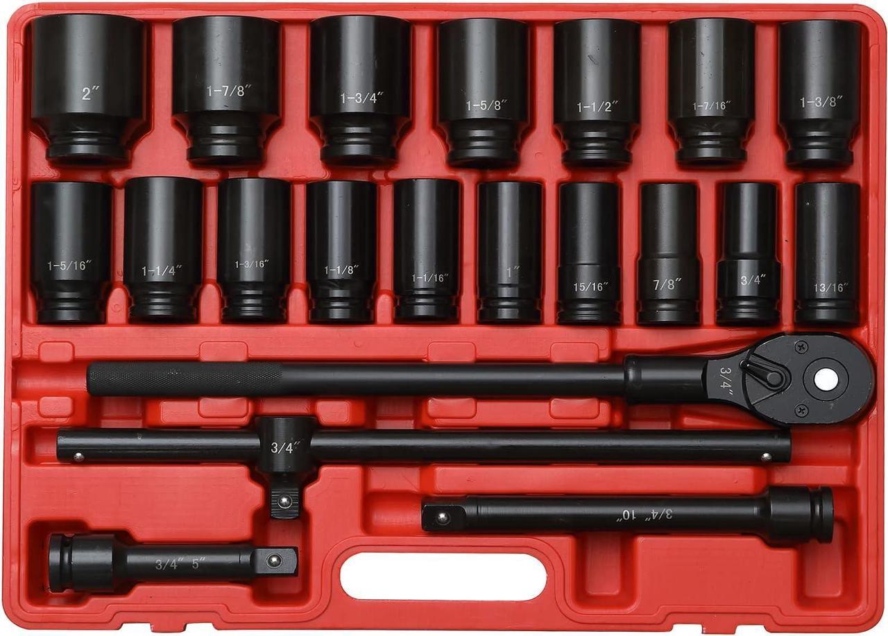 ZOYAKKI 3/4" Drive Impact Socket Set, 21 Piece Deep Socket Assortment, 6-Point Deep Imperial Sizes (3/4-Inch to 2-Inch) | Cr-Mo Steel Includes Adapters and Ratchet Wrench Andextension Rod