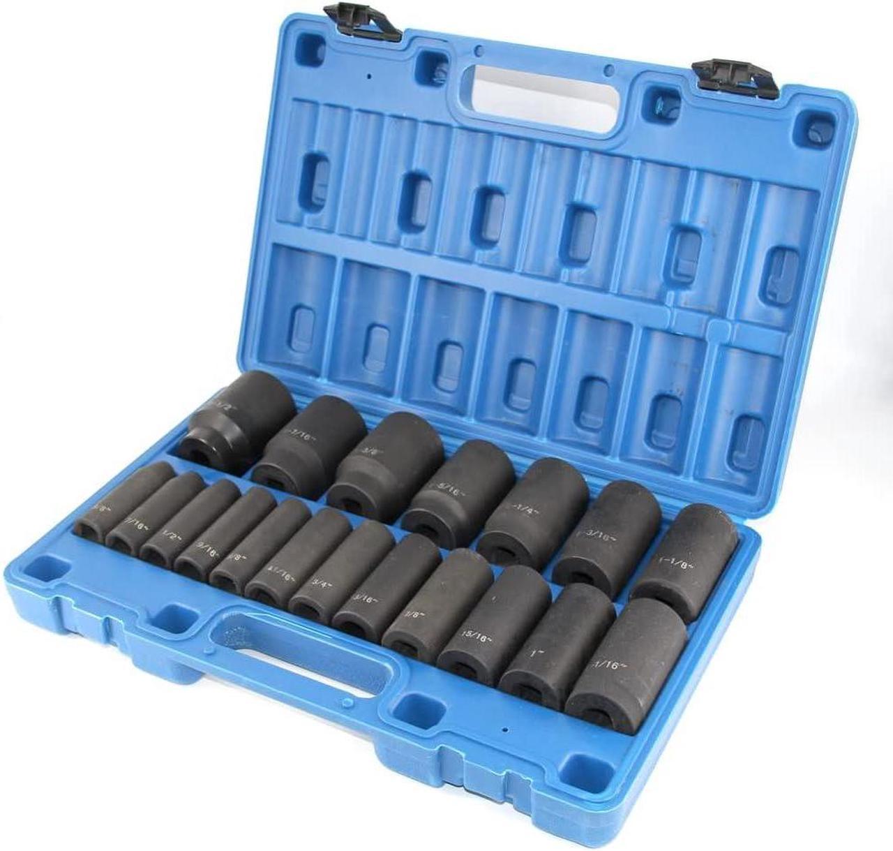 GOSWIFT 19pcs 1/2" Impact Socket Set, 6-Point Deep Socket, Cr-V Steel, 3/8 inch - 1-1/2 inch