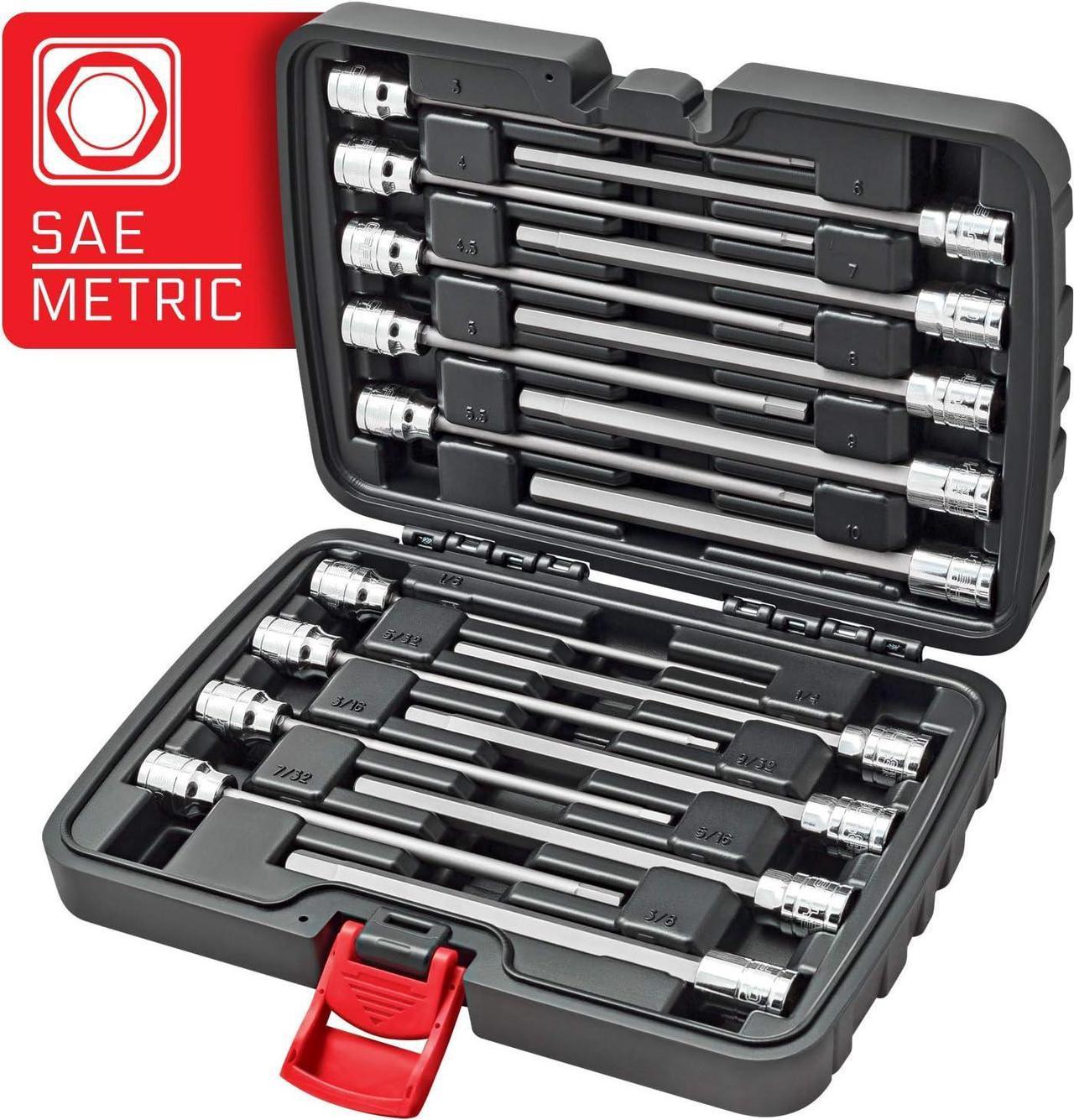 CARBYNE Extra Long Hex (Allen) Bit Socket Set, 18 Pieces | SAE & Metric, S2 Steel Bits, CrV Sockets, Corrosion Resistance, Durable Storage Case | 1/8''-3/8'' SAE / 3mm-10mm Metric Sizes, 3/8" Drive