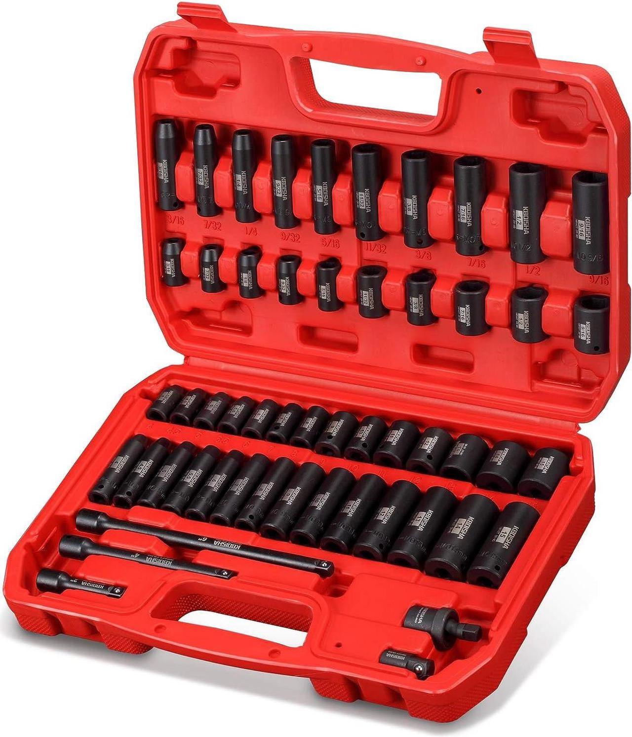 KBOISHA 1/4 Inch Drive Master Impact Socket Set, 53-Piece CR-MO Alloy Steel Socket Set SAE and Metric From 3/16 Inch - 9/16 Inch and 4mm - 15mm Standard and Deep Sockets with Heavy Duty Storage Case