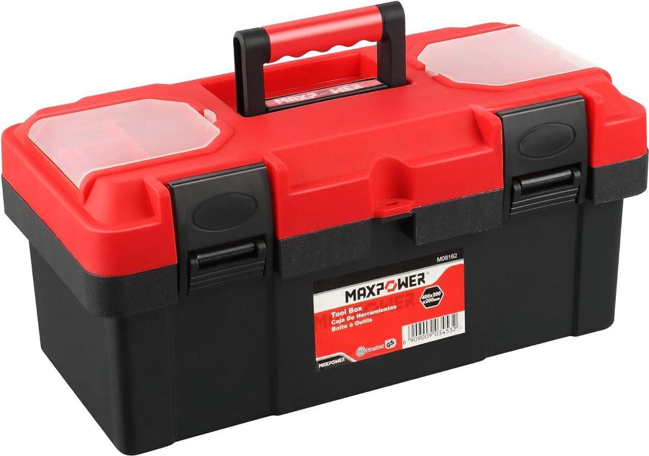 MAXPOWER Tool Box 16-inch, Small Plastic Tool Box with Latch and Removable Tray, Red