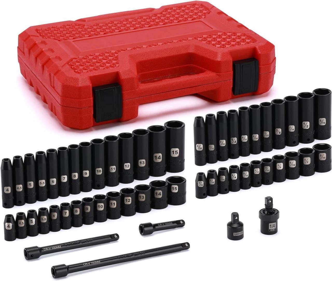 EMENTOL 55PCS 1/4" Drive Deep and Shallow Impact Socket Set, CR-V, SAE/Metric, 6 Point, 5/32 Inch - 9/16 Inch, 4mm - 15mm, Impact Extension Bars, Universal Joint, Adapter