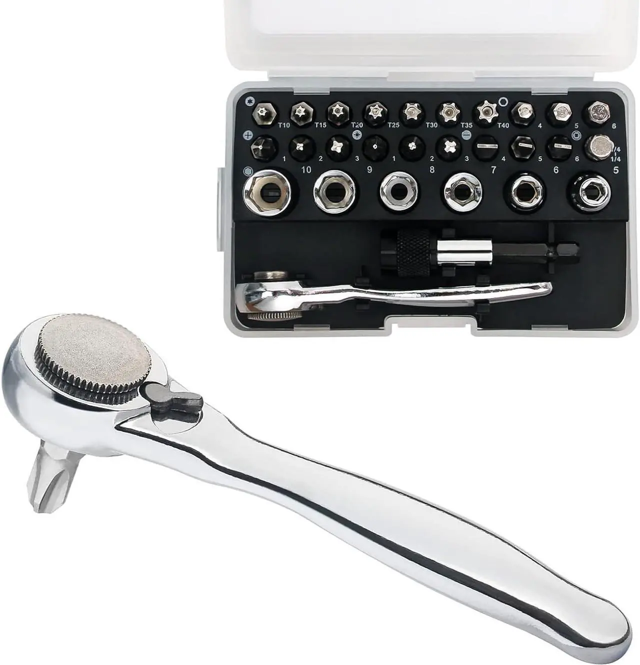Main image of SHARDEN 1/4 Mini Ratchet Set 28pcs Right Angle Screwdriver and Bit with Metric Socket Set, 72 Tooth Small Ratcheting Wrench Offset Screwdriver Low Profile Stubby Ratchet for Tight Spaces