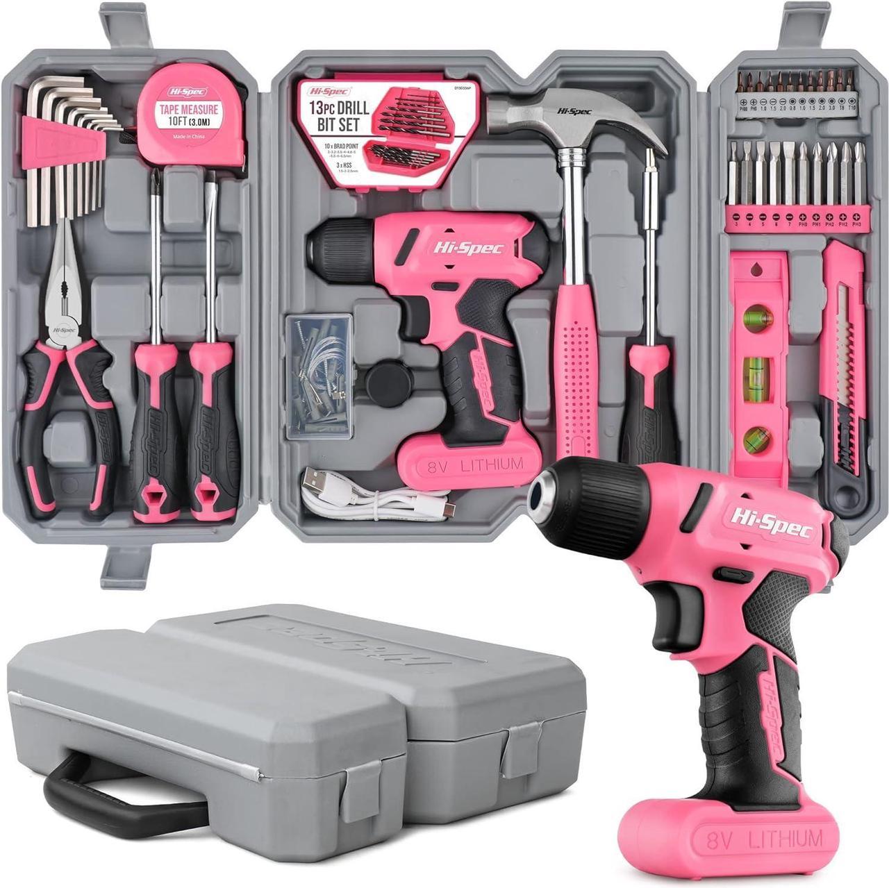 Hi-Spec 57 Piece Pink 8V Electric Power Drill Driver & Home DIY Tool Kit Set. Complete Hand Tools for Home & Office Repair. All in a Tool Box Case