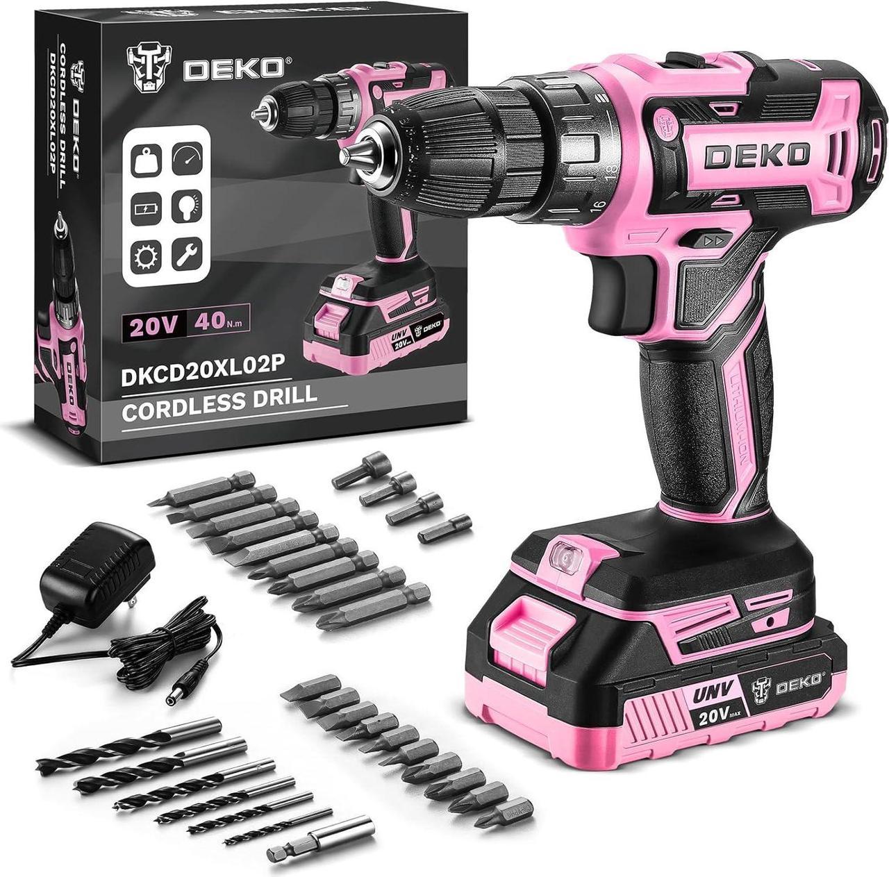 Power Drill Cordless: DEKO PRO Pink Cordless Drill 20V Electric Power Drill Set Tool for Women Drills Cordless with Battery and Charger Drill Driver 20 Volt Drill Driver Kit