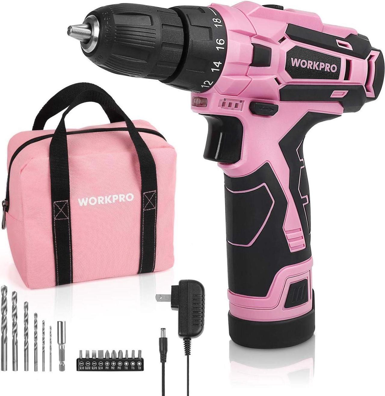 WORKPRO 12V Pink Cordless Drill Driver Set, 18+1 Torque Setting, Electric Screwdriver Driver Tool Kit, 3/8" Keyless Chuck, Charger and Storage Bag Included