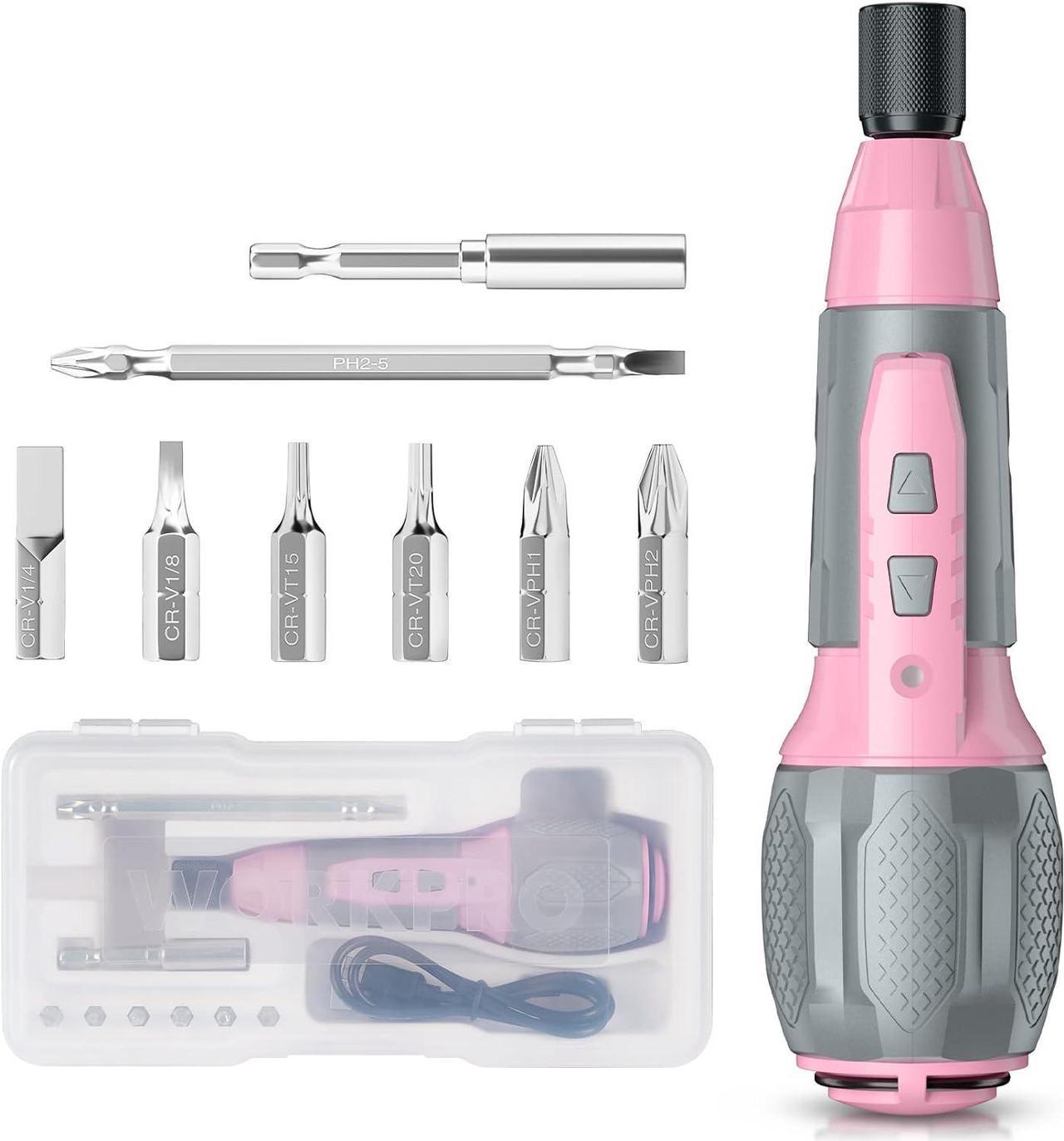 WORKPRO Pink Electric Cordless Screwdriver Set, 4V USB Rechargeable Screwdriver Kit with LED Light, Small Screwdriver with 7pcs Screwdriver Bits and case, Perfect for Home, Office, Apartment Repairs