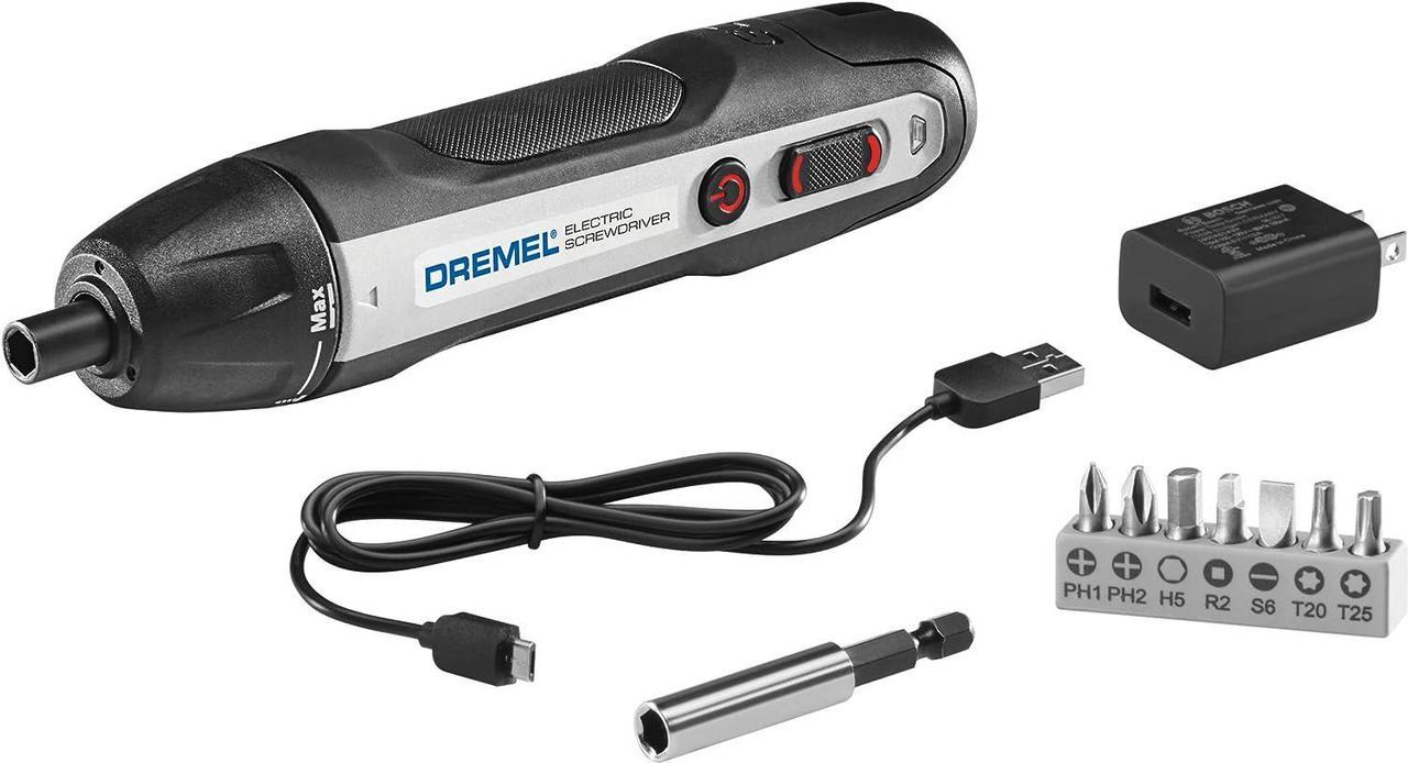 Dremel HSES-01 4V USB Rechargeable Cordless Electric Screwdriver with 7 Screwdriver Accessory Bits, 1 Bit Extender, USB Cable and Power Adapter, Grey