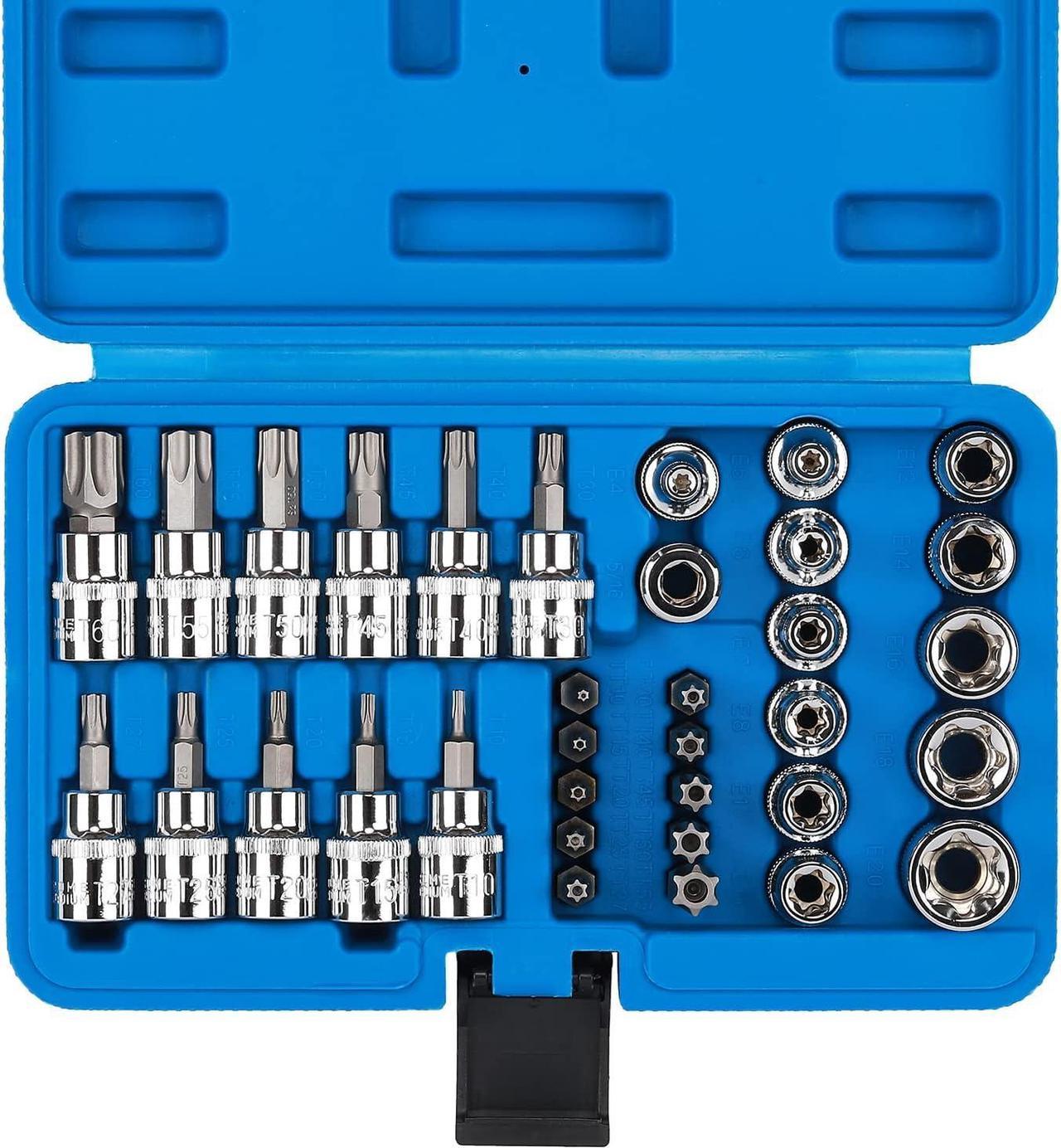 CASOMAN 34 Pieces 3/8-Inch Dr.Torx Bit Socket and E-Torx (Star) Socket Set, Cr-V E Socket Set E4-20, S2 Torx Bit Socket Set T10-60, Tamper Proof Torx Bit Set TT10-TT55, 5/16"F to 3/8"M Adapter