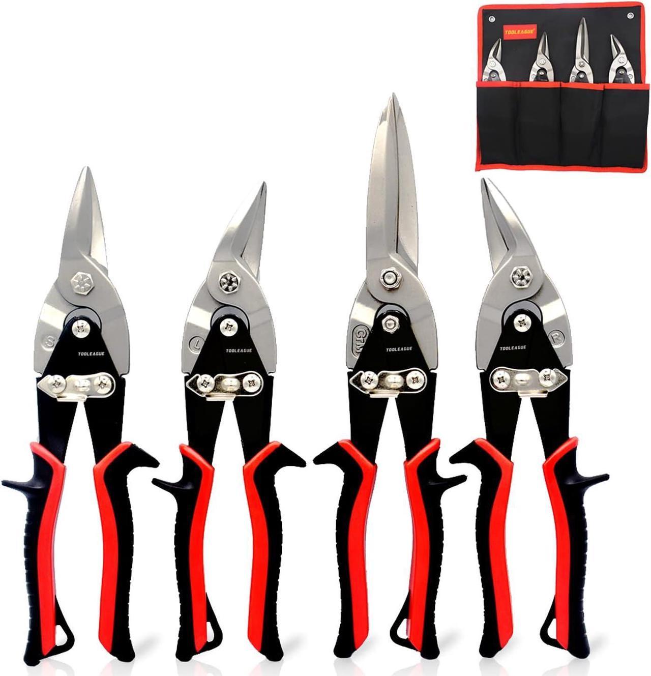 TOOLEAGUE Tin Snips Set for Cutting Metal Sheet, 4 Pcs Aviation Snip Left, Right, Straight and Long, Heavy Duty Metal Cutter with Forged Blade