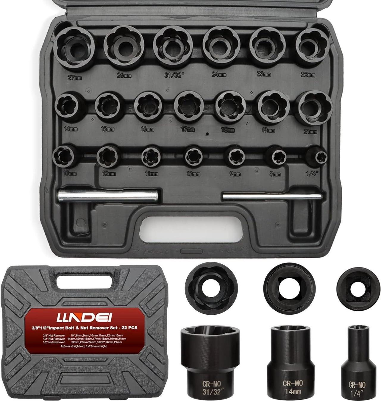 LLNDEI ½ Inch And Inch Drive Upgrade Lug Nut Puller Bolt Extractor Set Impact Bolt Nut Remover Socket Tool Chrome Molibde Steel