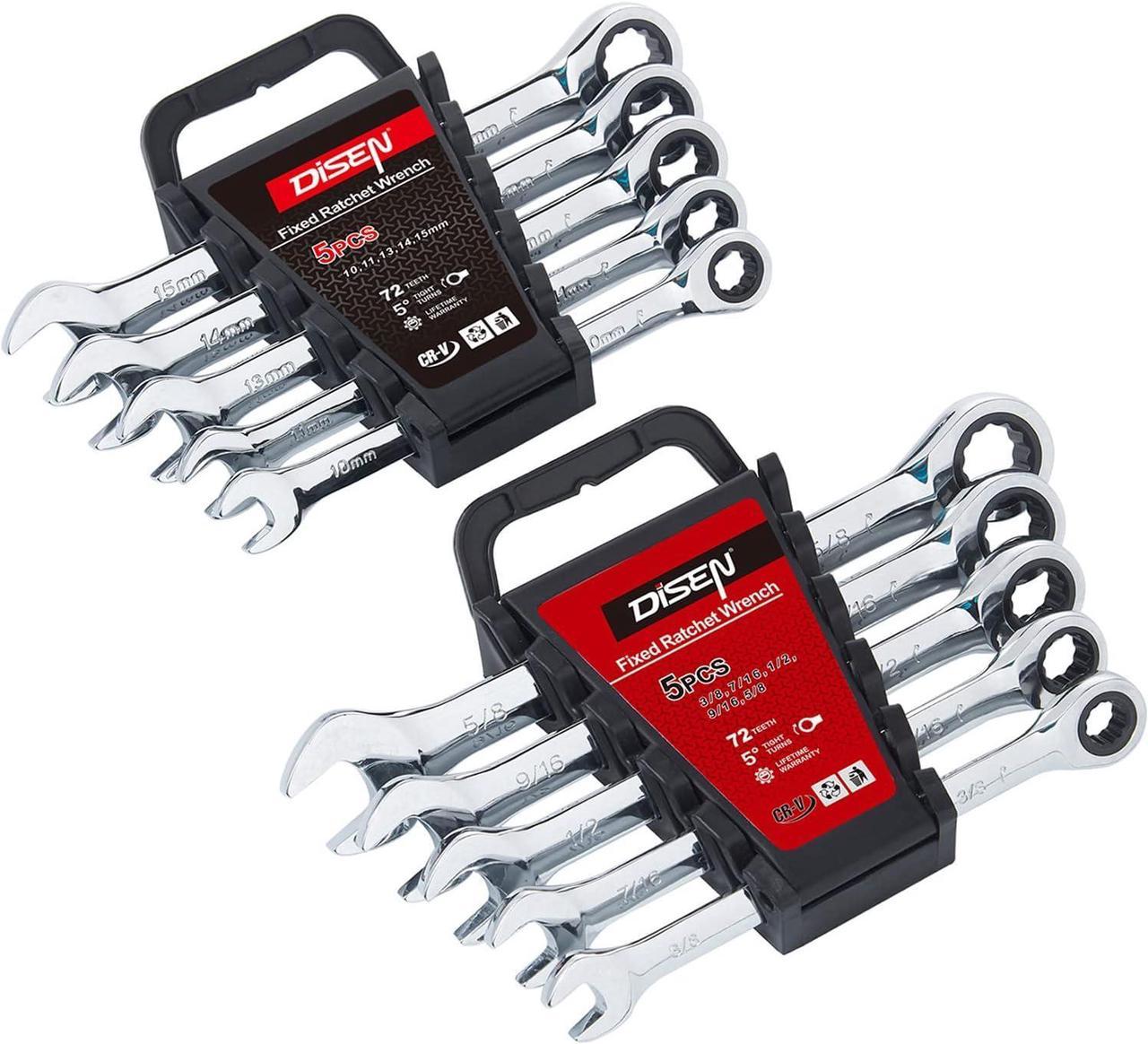 DISEN 10Pcs Ratcheting Wrench Set SAE & Metric Ratchet Wrench Set with Rack Organizer, Premium CR-v Steel, 12 Point, 72 Teeth,Box End and Open End Ratcheting Wrench Set