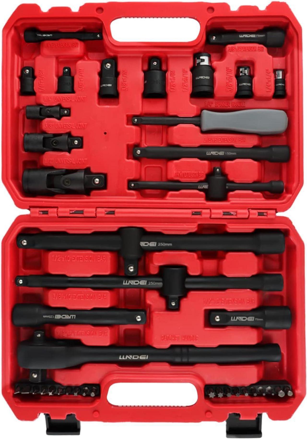 LLNDEI Tool Socket Accessory Set 1/4 3/8 1/2-Inch Drive,43PCS, 3/8 1/2-Inch Dual Head 72T 2 Way Ratchet Handle,Socket Adapters,Extensions,Universal Joints,Coupler(Black)