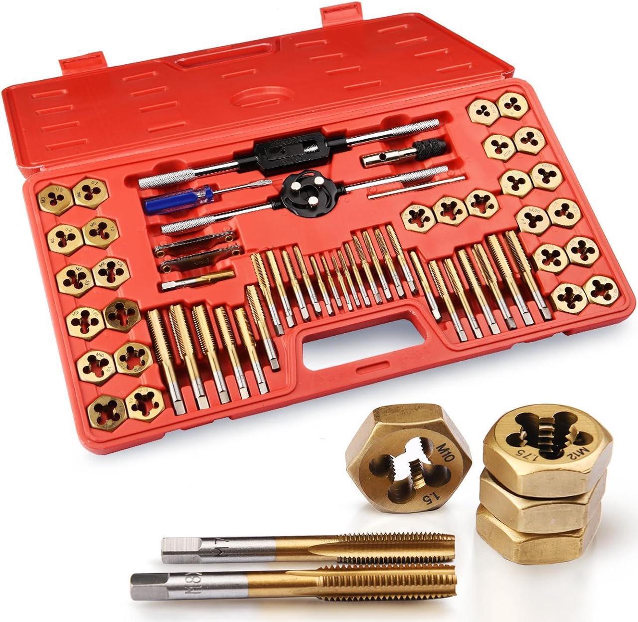 KPKL 60 PC Tap and Die Settitanium layer/Hexagonal Plate Teeth- Include SAE Inch Size #4 to 1/2 and Metric Size M3 to M12, Coarse and Fine Threads | Essential Threading Rethreading Tool Kit