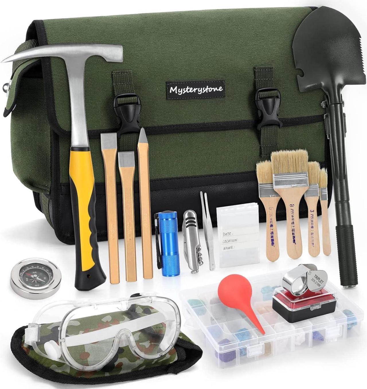 MYSTERYSTONE 23 Pieces Rock Hammer Kit for Rock Hounding, Complete Great Bundle including Steel Rock Pick Hammer,3-Pieces Heavy Duty Chisel Set,Updated Mussette Bag and Many More