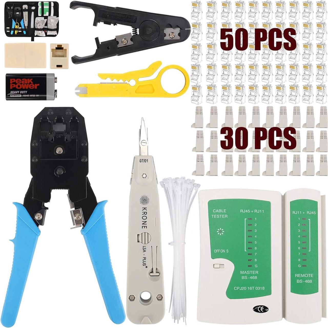 RJ44 Crimping Tool Kit, Network Cable Repair Maintenance Tool Set, RJ45 RJ11 RJ12 Cable Tester, Punchdown Tool, 50pcs Crystal Connectors, 30pcs Covers, Ethernet Coupler, Stripping Knife