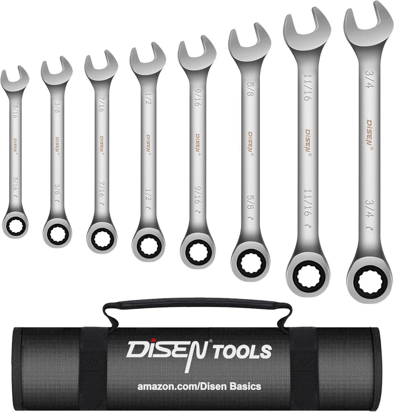 DISEN Ratcheting Wrench Set 8 Pieces SAE 5/16"-3/4", Open End & Box End Combination Ratchet Wrench Set 12 Points & 72 Teeth with Organizer Pouch, CR-V Steel