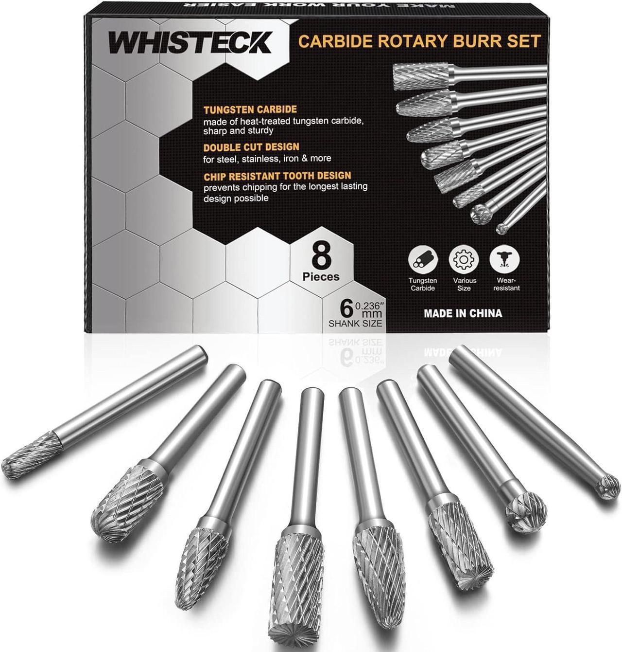 WHISTECK Carbide Burr Set, 8Pcs Double Cut Tungsten Carbide Rotary Burr set, 1/4 inch Shank Die Grinder Bits, Carbide Rotary File for Metal Wood Carving, Engraving, Polishing,Drilling