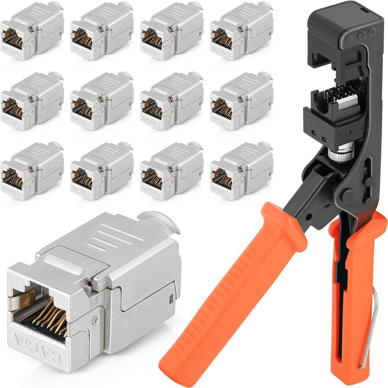 Everest Media Solutions easySHIELD (CAT6A Kit) - Speed Termination Tool, with 12 Slim Profile, 90-Degree RJ45 Shielded Keystone Jacks - F/STP Punch Down Crimper - Tested for CAT5e, CAT6, CAT6A, CAT7