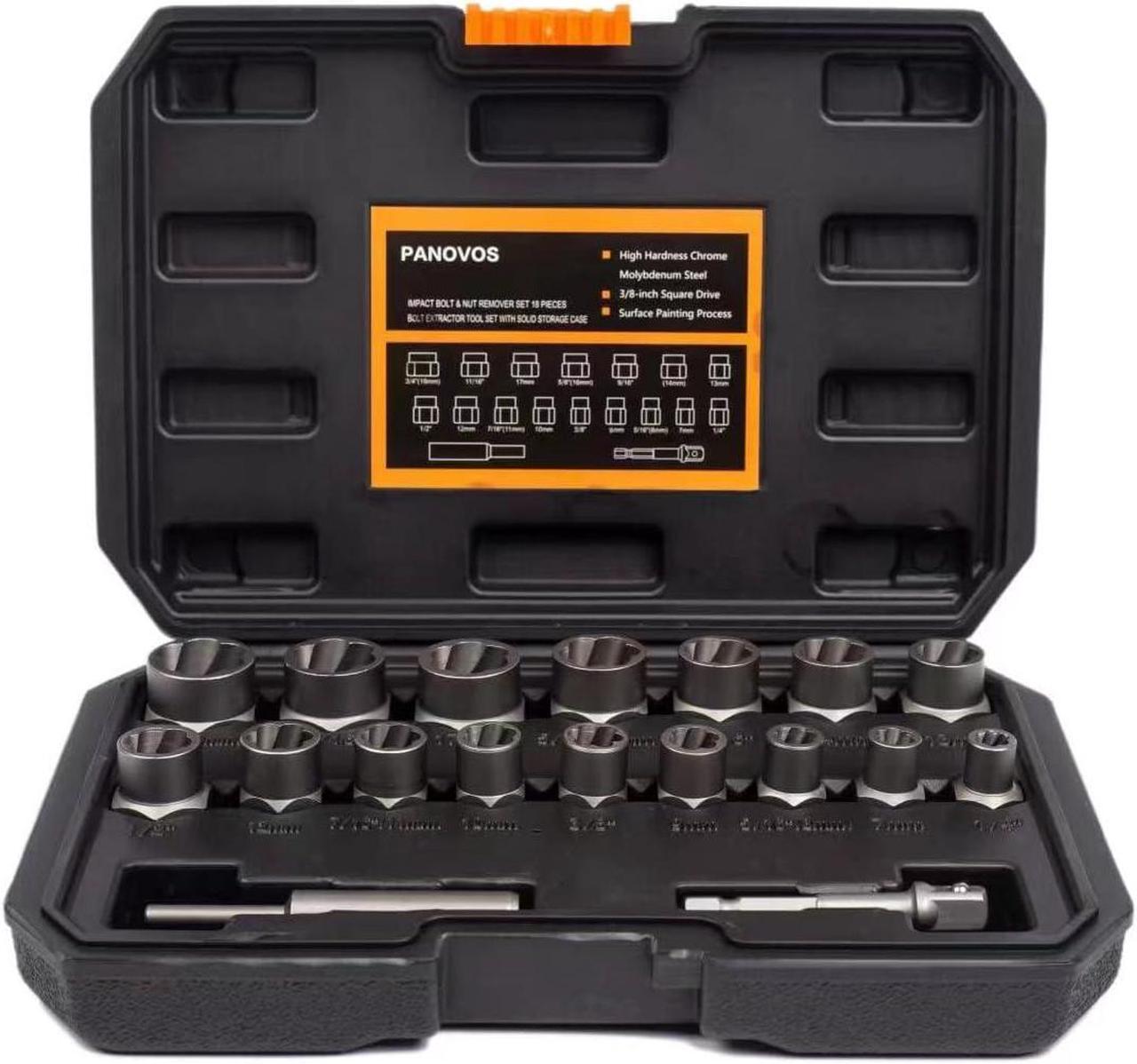 PANOVOS Bolt Screws Extractor Socket Set,18 Pieces Impact Bolt & Nut Remover Set, Stripped Lug Nut Remover, Extraction Socket Set for Removing Damaged, Frozen, Rusted, Rounded-Off Bolts, Nuts & Screws