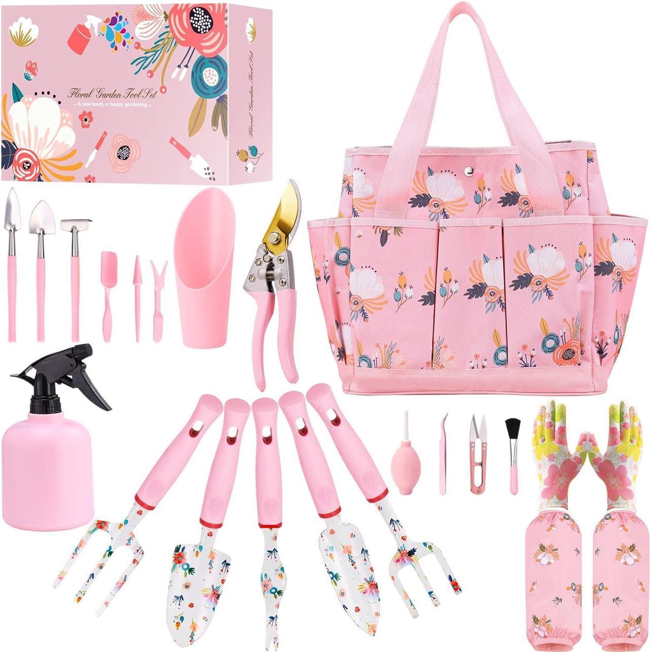 Floral Garden Tools Set,Heavy Duty Gardening Tools for Gardener,Gardening Gifts for Women,Storage Tote Bag,Sleeves,Gloves,Trowel,Transplanter,Rake,Weeder,Cultivator,Pruner,Succulent Hand Tools,Pink