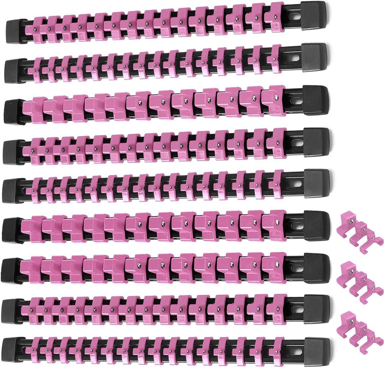 ALOANES 9 PC ABS Socket Organizer,1/2 inch, 3/8 inch, and 1/4 inch Drive Socket Rail Holders, Heavy Duty Socket Racks, Black Rails with Pink Clips x 129 Clips