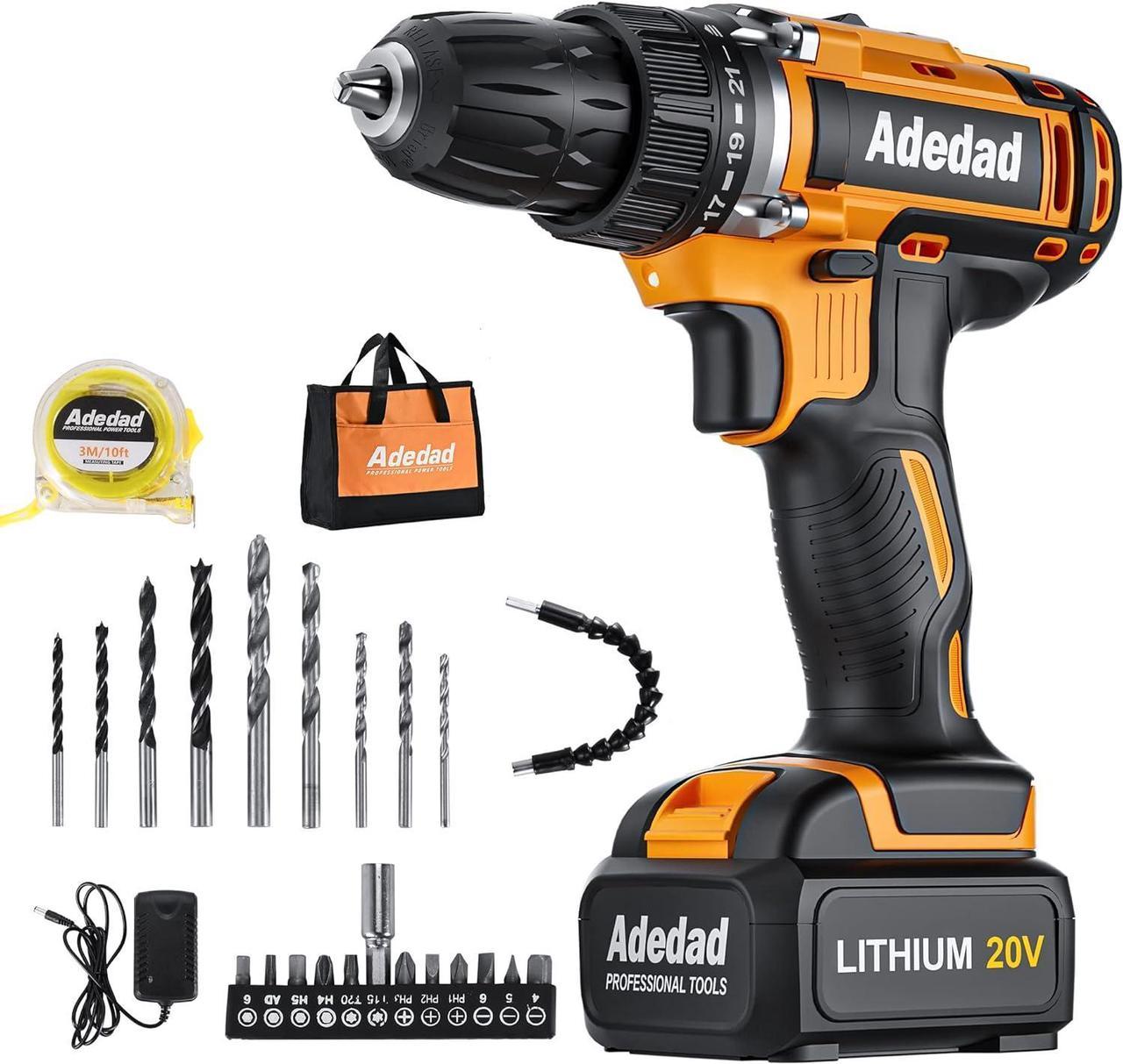 Adedad 20V Cordless Drill Set Electric Power Drill Kit with Battery and Charger, 3/8 Inch Keyless Chuck, 21+1 Position,2 Variable Speed, LED Light and 27pcs Accessories