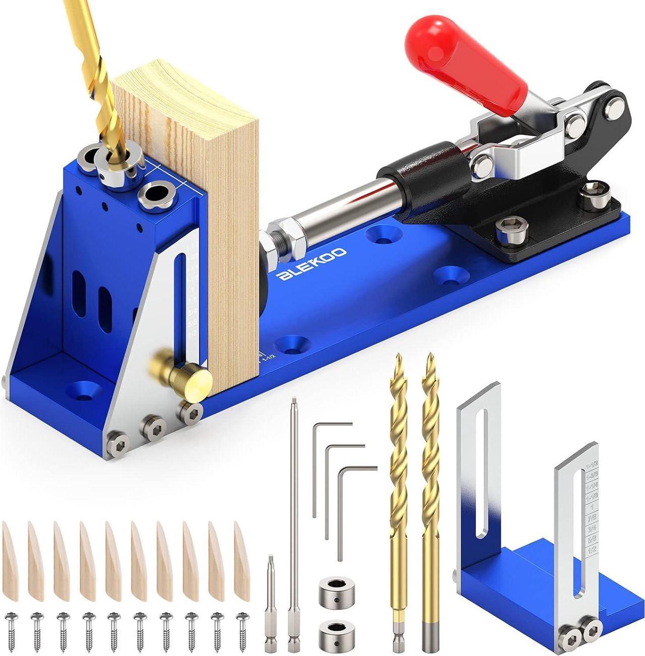 BLEKOO Upgraded Pocket Hole Jig Tool Kit, Pocket Hole Drill Guide Jig Set for 15° Angled Holes, All-Metal Pocket Screw Jig