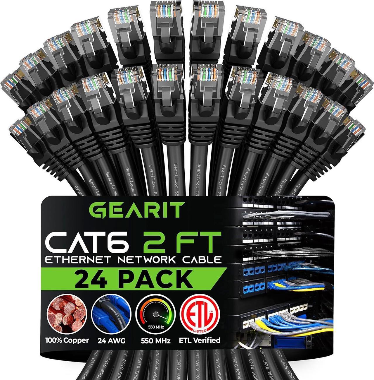 GearIT 24-Pack, Cat 6 Ethernet Cable Cat6 Snagless Patch 2 Feet - Snagless RJ45 Computer LAN Network Cord, Black - Compatible with 24 48 Port Switch POE Rackmount 24port Gigabit