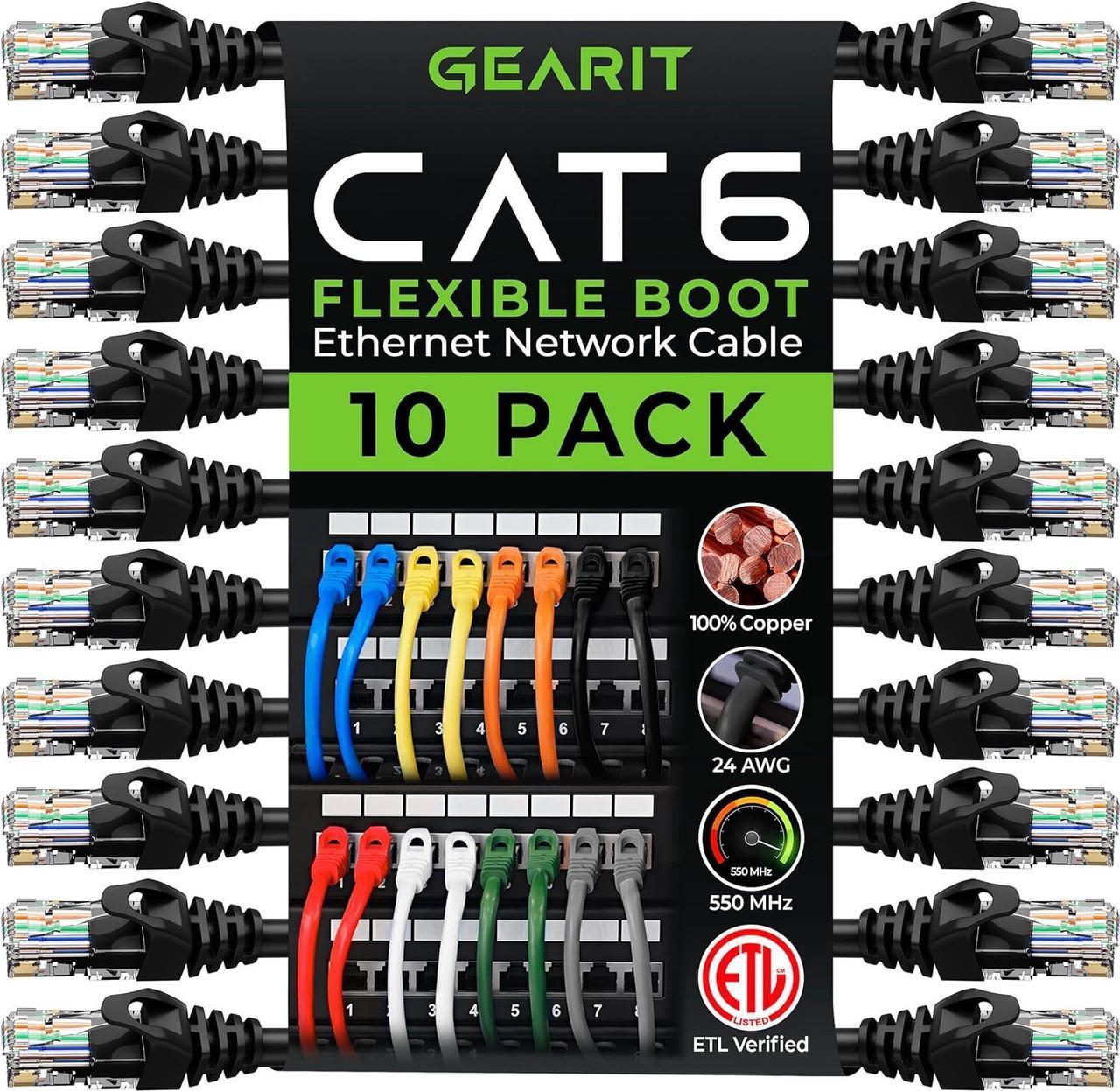 GearIT 10-Pack Cat6 Patch Cable 5 Feet Cat 6 Ethernet Cable Snagless Flexible Soft Tab - Preimum Series - Black