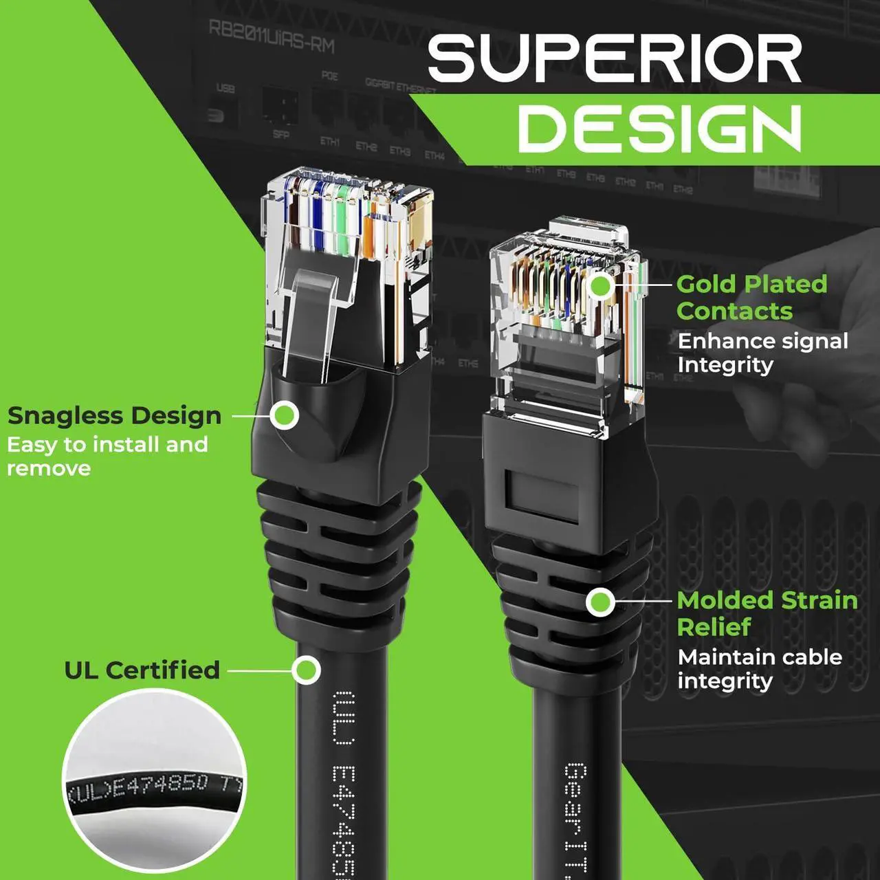 Alt view image 3 of 7 - GearIT Cat 6 Ethernet Cable 100 ft (5-Pack) - Cat6 Patch Cable, Cat 6 Patch Cable, Cat6 Cable, Cat 6 Cable, Cat6 Ethernet Cable, Network Cable, Internet Cable - Black 100 Feet