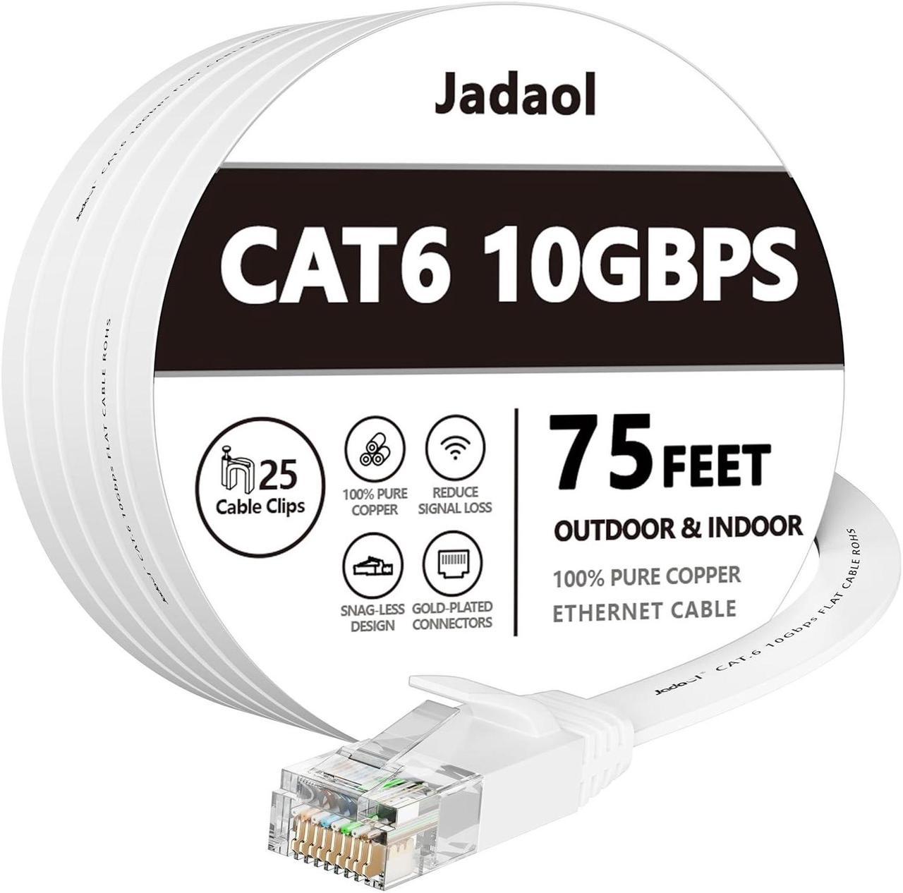 Cat 6 Ethernet Cable 75 ft, Outdoor&Indoor 10Gbps Support Cat8 Cat7 Network, Flat Internet RJ45 LAN Patch Cords, Solid High Speed Computer Wire with Clips for Router, Modem, PS4/5, Xbox, Gaming, White