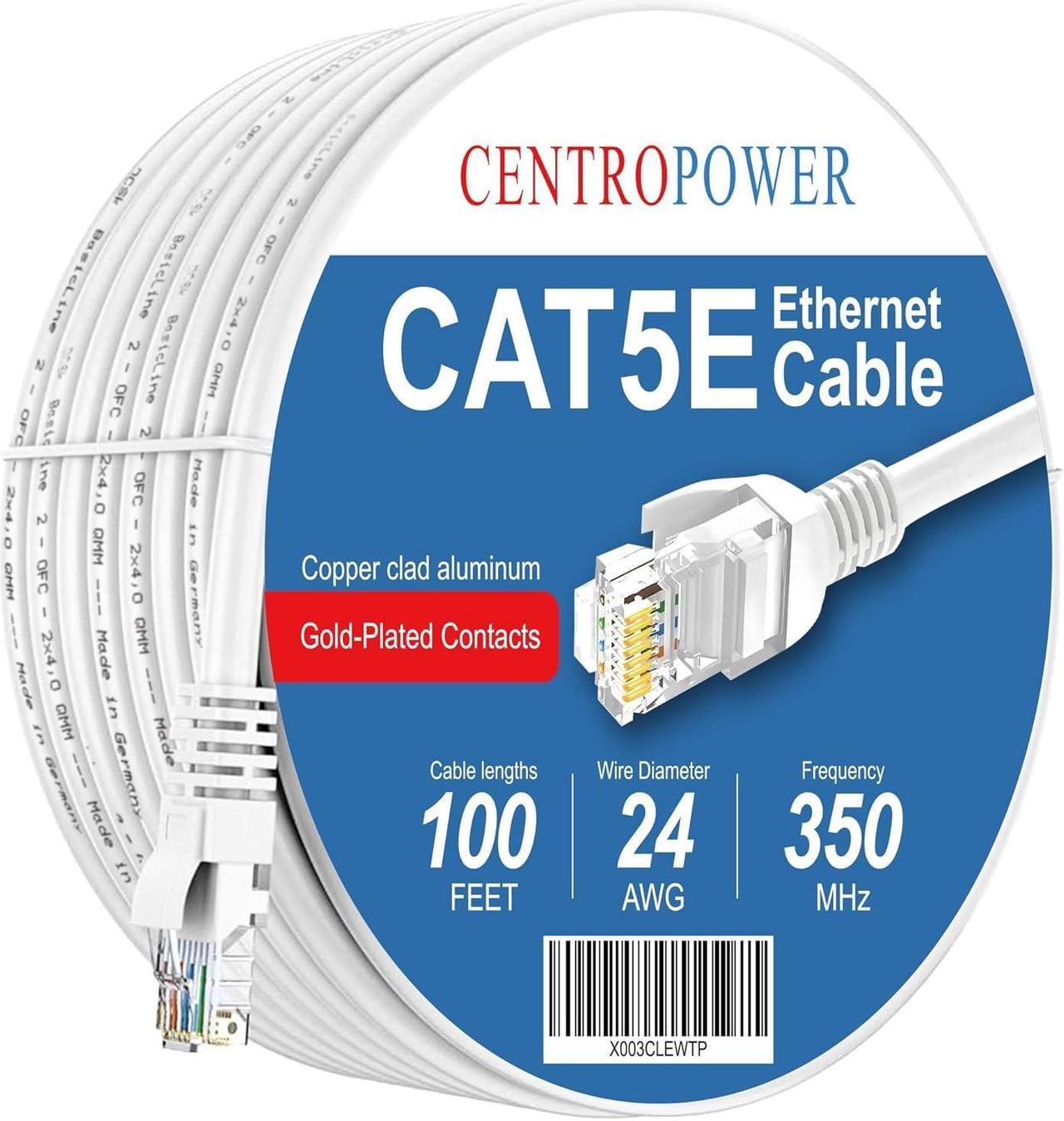 CENTROPOWER Cables Cat5e Ethernet Network Patch Cable, White 100ft Internet Wire for Modem, Router, Pc, TV, ConsolesHigh Speed Internet