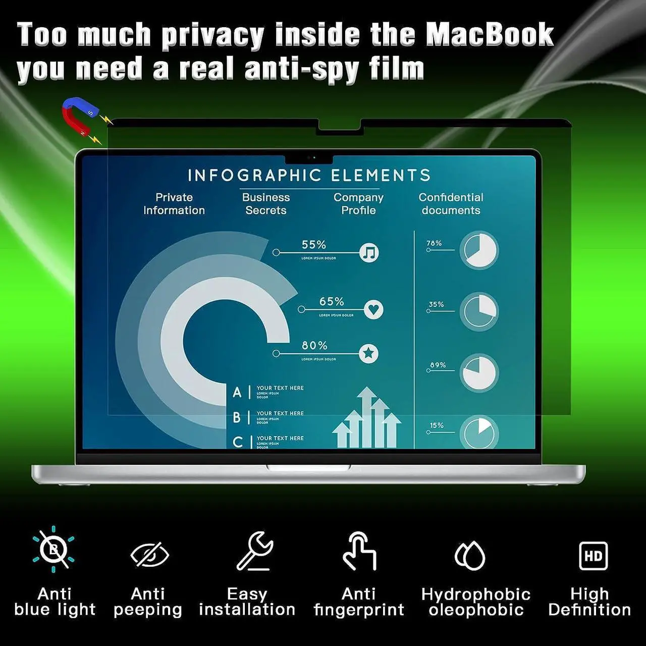 Alt view image 4 of 6 - privacy screen macbook pro 14 inch, magnetic privacy screen for 2023-2021MacBook Pro 14.2 inch M1 Pro/M1 Max (A2779/A2442),Anti-Spy,HD,Anti Fingerprint,Anti Blue Light,Removable,easy installation