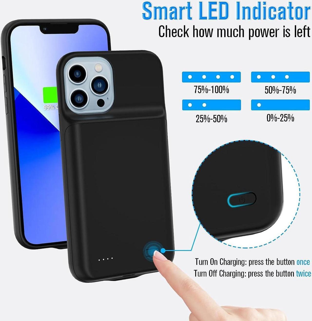 Alt view image 2 of 7 - Gladgogo iPhone 13 Pro Charging Case, 6000mAH Portable Protective iPhone 13 Pro Battery Case, Rechargeable Extended iPhone 13 Pro Charger Case, Smart Battery Case for iPhone 13 Pro, 6.1 inch, Black