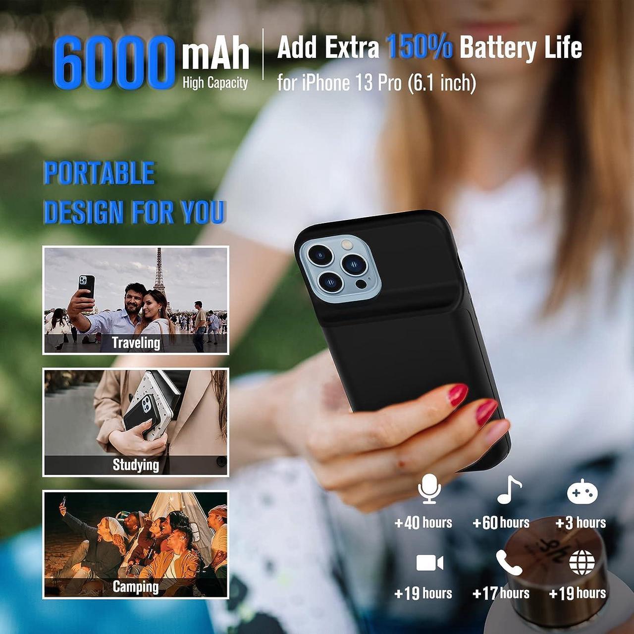 Alt view image 6 of 7 - Gladgogo iPhone 13 Pro Charging Case, 6000mAH Portable Protective iPhone 13 Pro Battery Case, Rechargeable Extended iPhone 13 Pro Charger Case, Smart Battery Case for iPhone 13 Pro, 6.1 inch, Black
