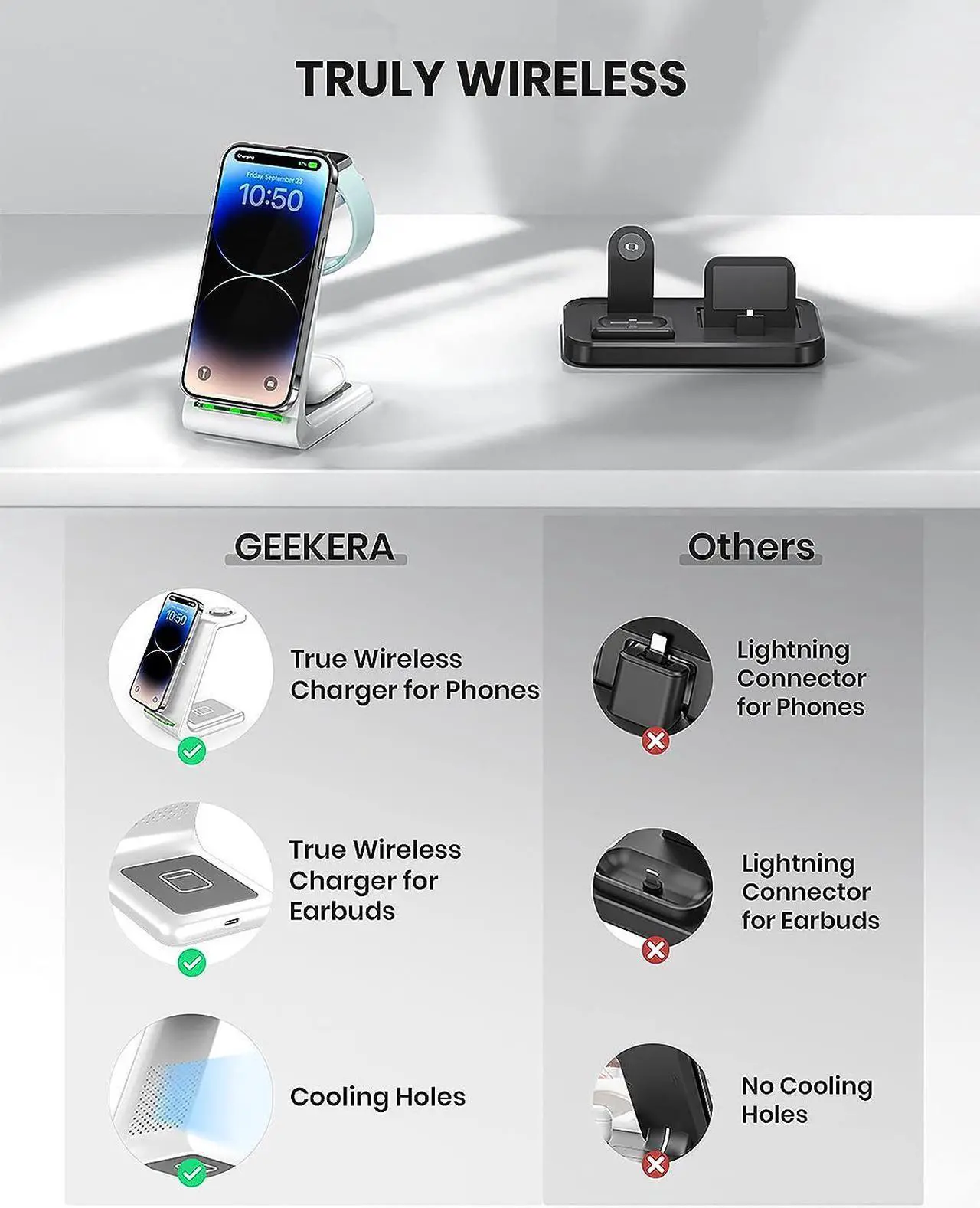 Alt view image 3 of 7 - Wireless Charging Stand, GEEKERA 3 in 1 Wireless Charger Dock Station for iPhone 15 14 13 12 11 Pro Max Plus XR XS 8 Plus, Apple Watch Ultra/9/SE/8/7/6/5/4/3/2, AirPods Pro/3