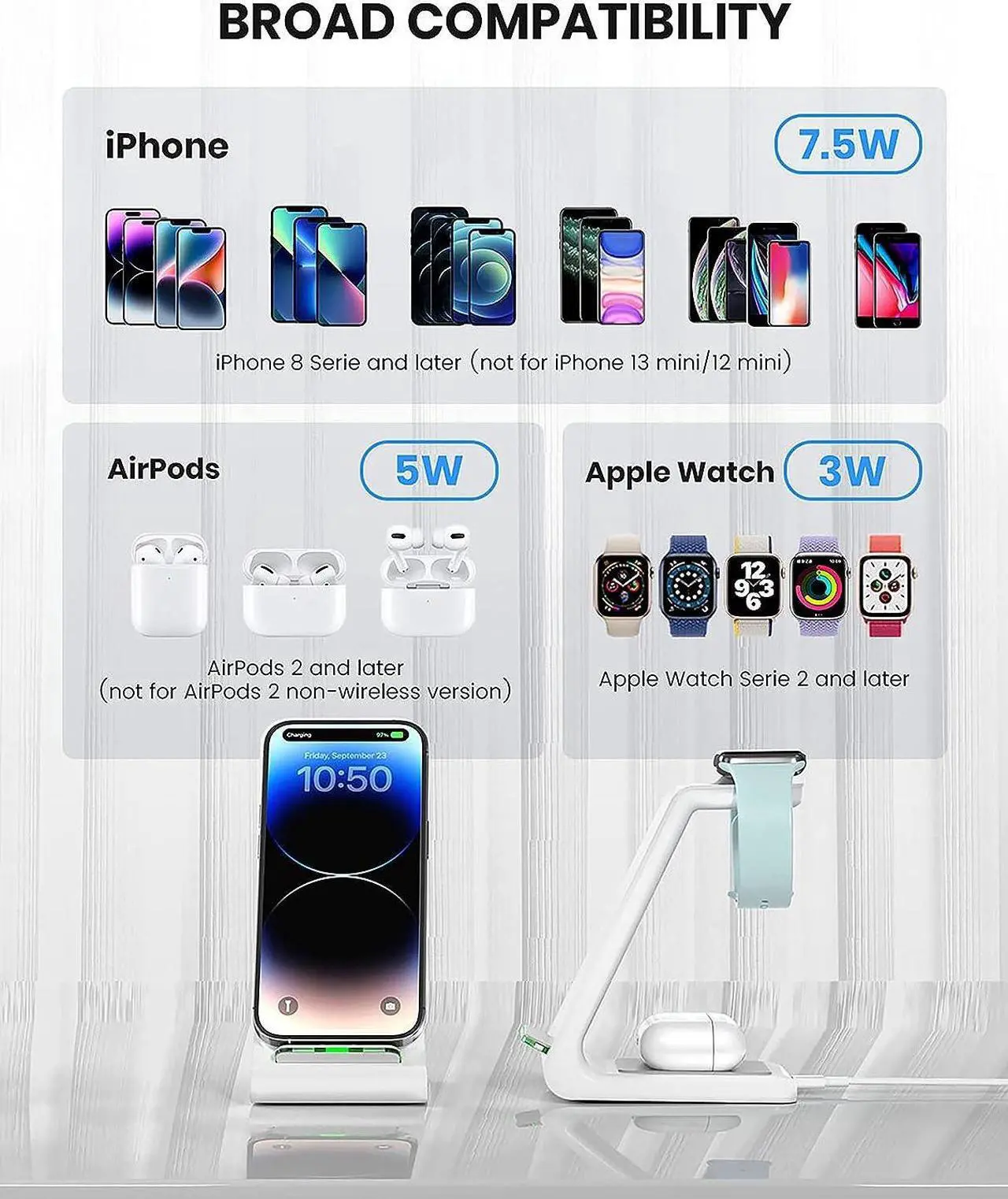 Alt view image 6 of 7 - Wireless Charging Stand, GEEKERA 3 in 1 Wireless Charger Dock Station for iPhone 15 14 13 12 11 Pro Max Plus XR XS 8 Plus, Apple Watch Ultra/9/SE/8/7/6/5/4/3/2, AirPods Pro/3