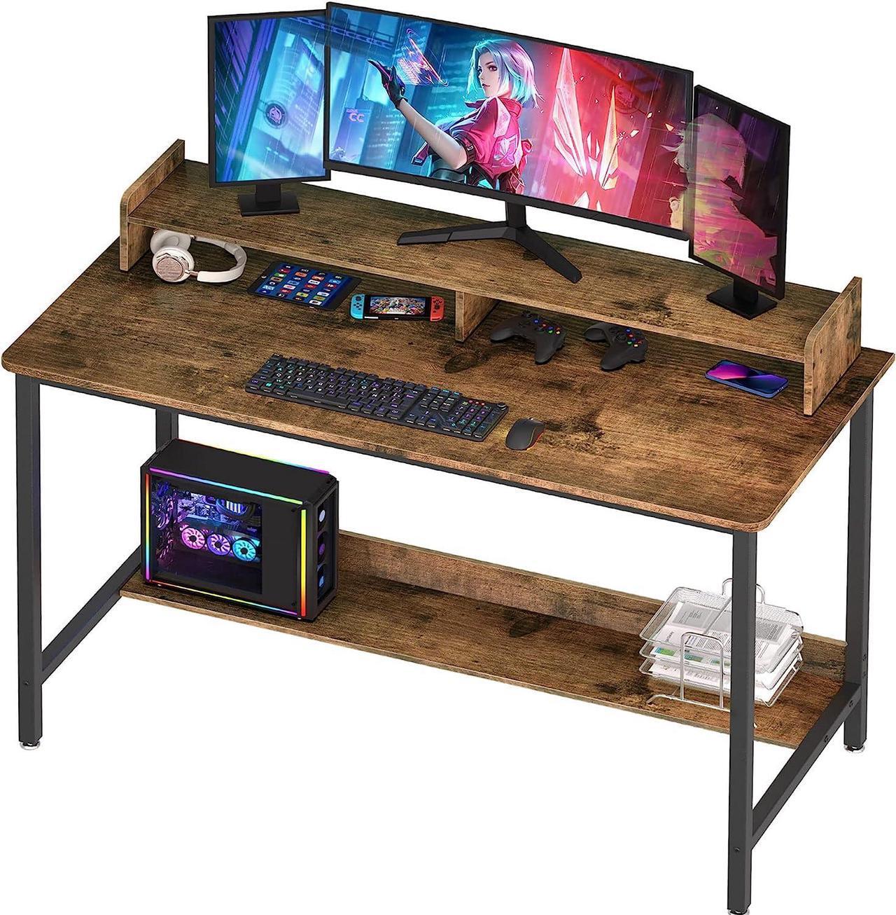 Main image of WOODYNLUX Computer Desk with Shelves, 43 Inch Gaming Writing Desk, Study PC Table Workstation with Storage for Home Office, Living Room, Bedroom, Metal Frame, Rustic.
