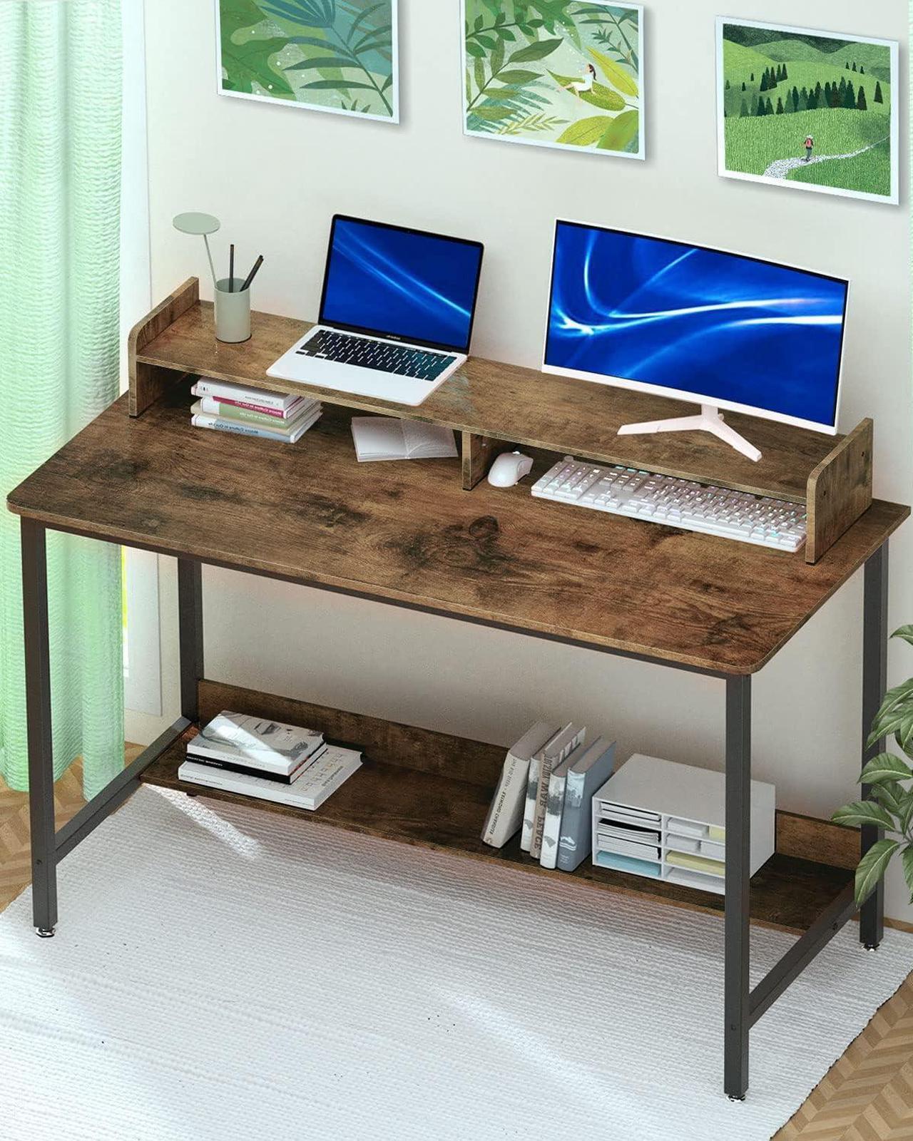 Alt view image 2 of 6 - WOODYNLUX Computer Desk with Shelves, 43 Inch Gaming Writing Desk, Study PC Table Workstation with Storage for Home Office, Living Room, Bedroom, Metal Frame, Rustic.