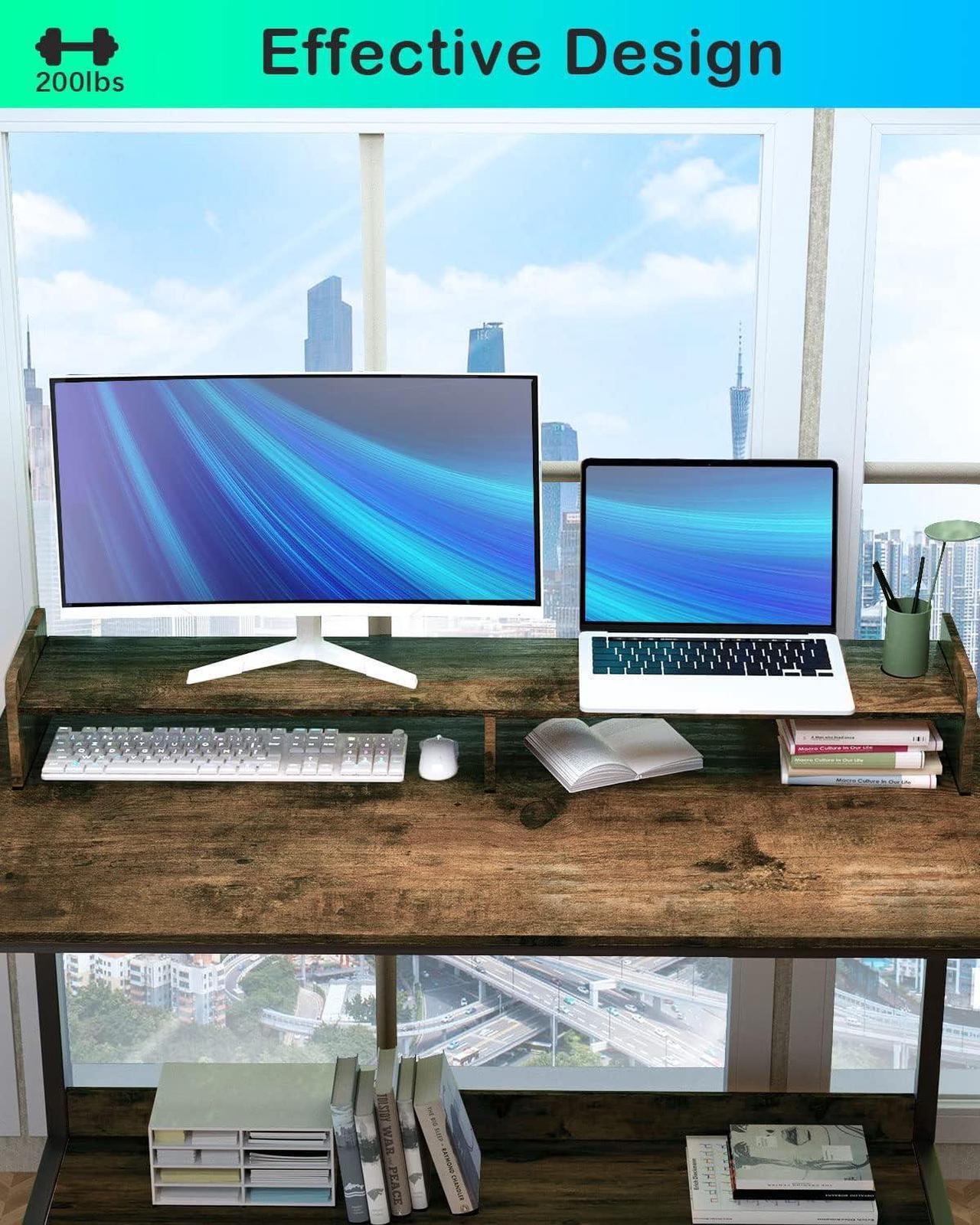 Alt view image 6 of 6 - WOODYNLUX Computer Desk with Shelves, 43 Inch Gaming Writing Desk, Study PC Table Workstation with Storage for Home Office, Living Room, Bedroom, Metal Frame, Rustic.