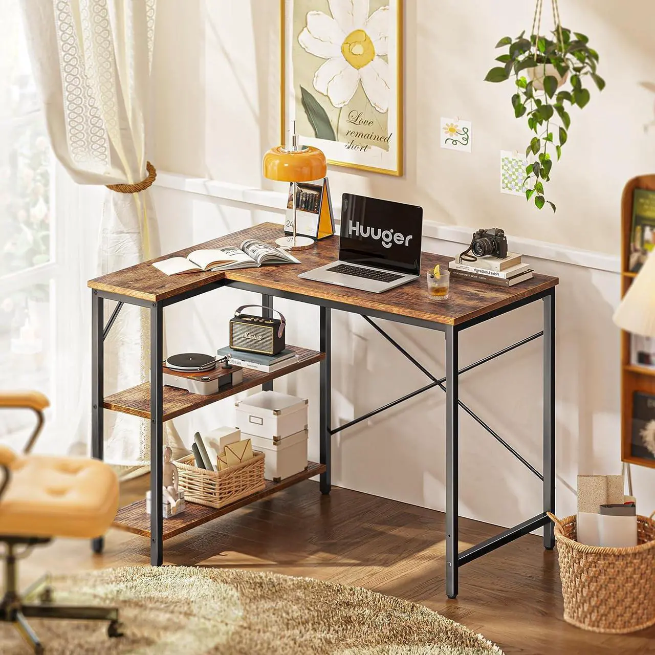 Alt view image 2 of 7 - Huuger L Shaped Desk, 39 Inches Computer Desk with Reversible Storage Shelves, Gaming Desk, Corner Desk Home Office Desks, Writing Desk Study Desk with Metal Frame, Rustic Brown