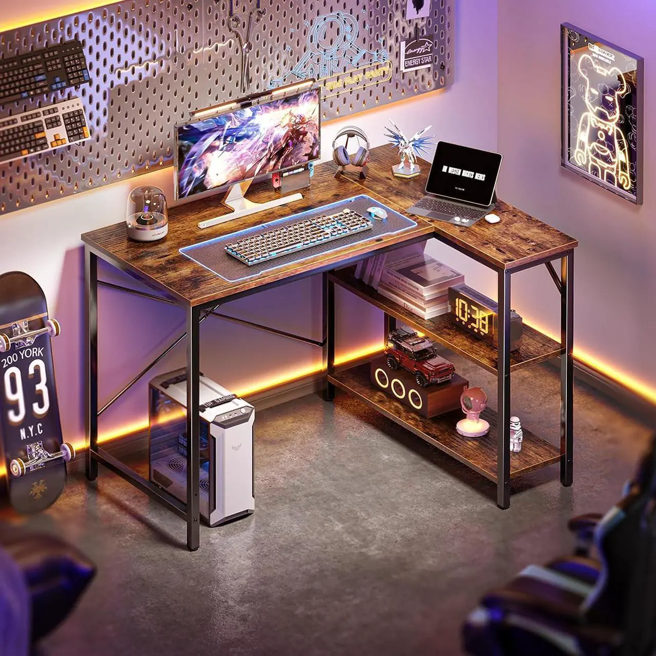 Alt view image 6 of 7 - Huuger L Shaped Desk, 39 Inches Computer Desk with Reversible Storage Shelves, Gaming Desk, Corner Desk Home Office Desks, Writing Desk Study Desk with Metal Frame, Rustic Brown