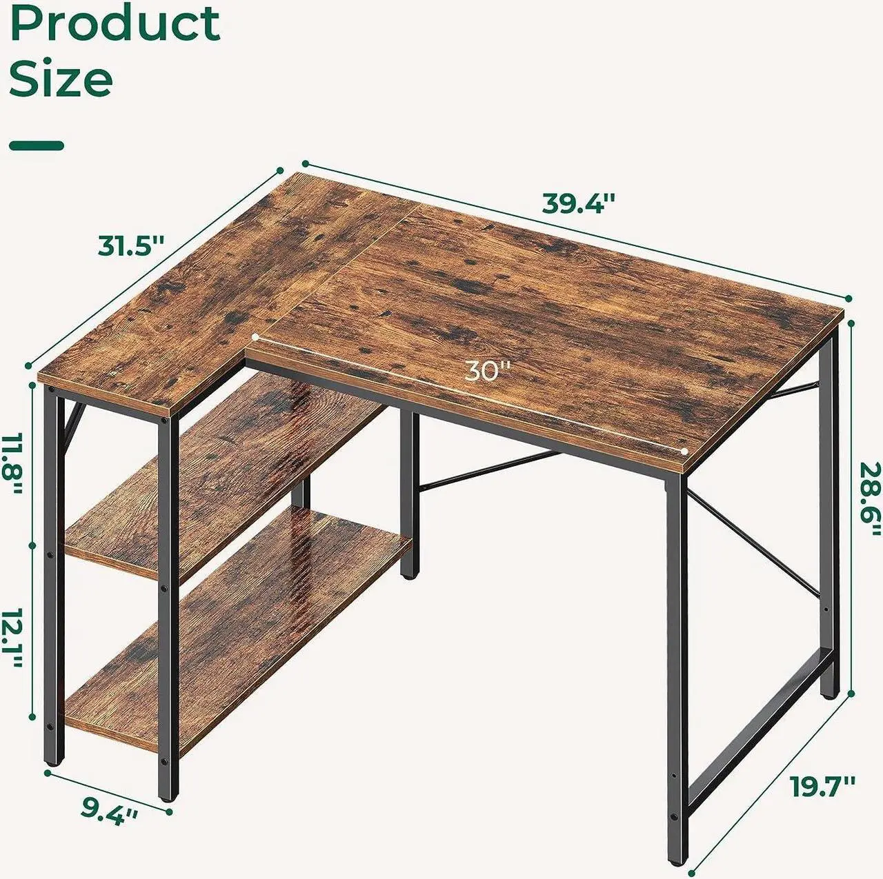 Alt view image 3 of 7 - Huuger L Shaped Desk, 39 Inches Computer Desk with Reversible Storage Shelves, Gaming Desk, Corner Desk Home Office Desks, Writing Desk Study Desk with Metal Frame, Rustic Brown